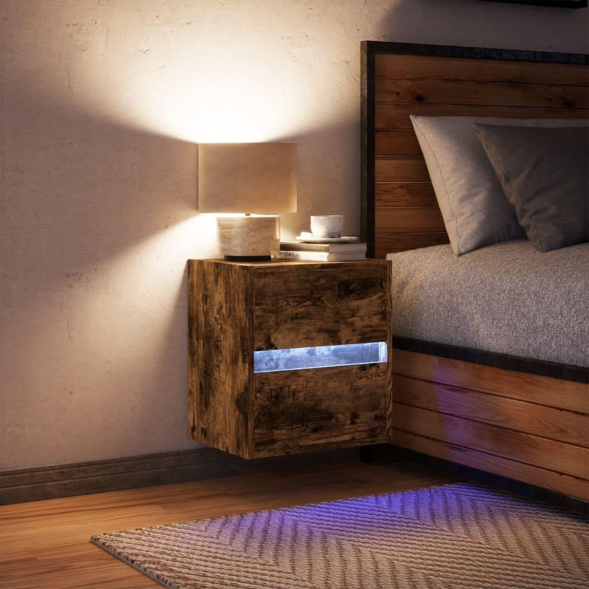 Voir la diapositive 3 : VIDAXL Table de chevet murale avec lumieres LED chene fume