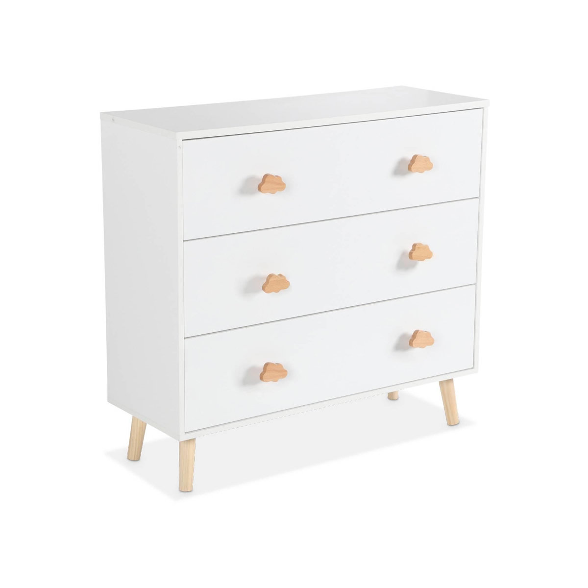SWEEEK Commode enfant. décor bois. blanc. 3 tiroirs. pieds et poignées nuage en pin