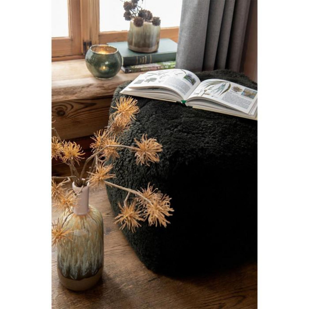 Paris Prix Pouf Carré Déco  Peau de Mouton  45cm Vert