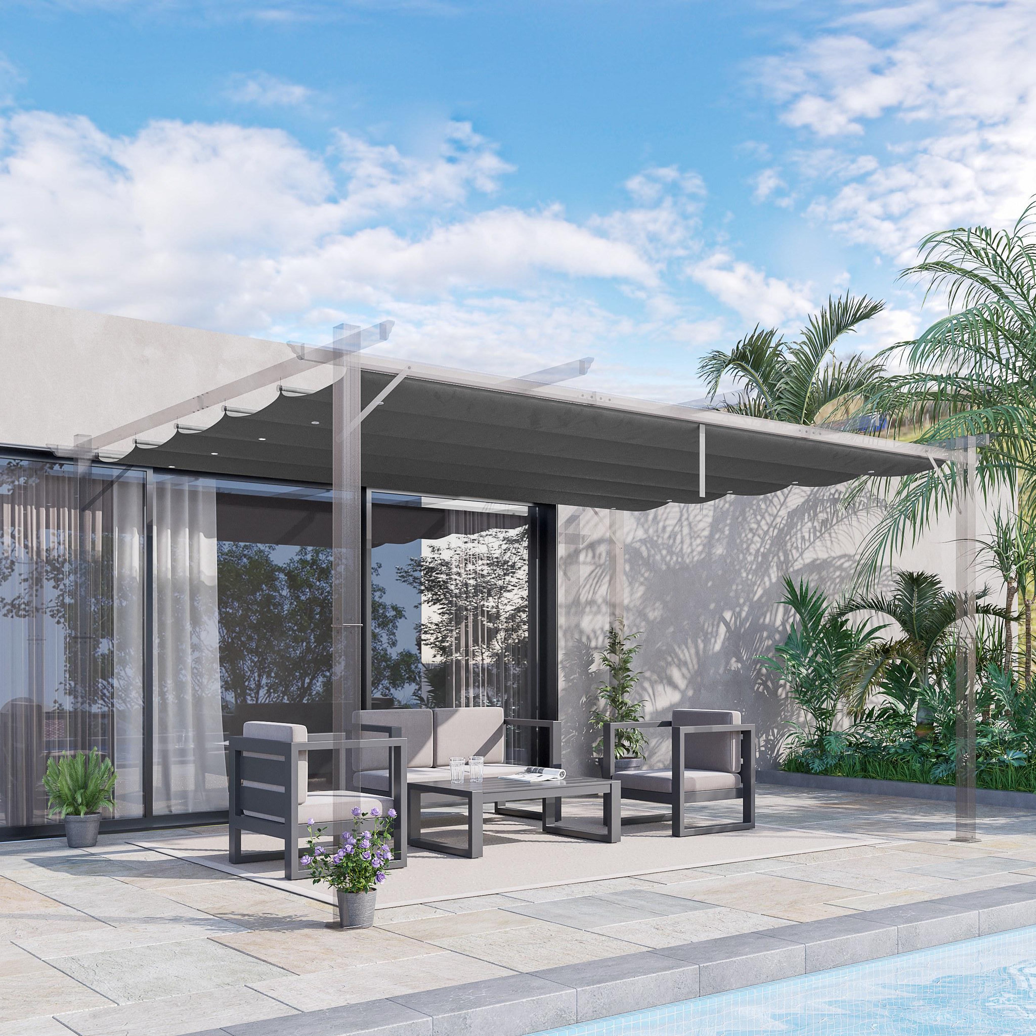 Voir la diapositive 2 : OUTSUNNY Toile de rechange pour pergola rétractable 4 x 3 m polyester haute densité 180 g/m² imperméabilisé gris