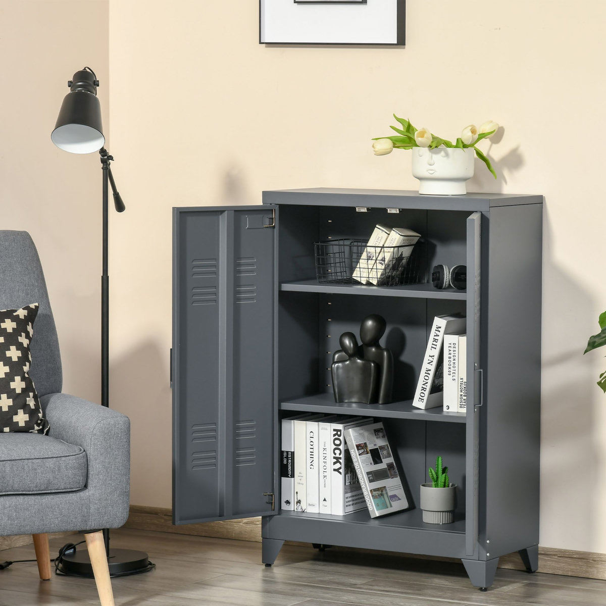 HOMCOM HOMCOM Armoire de rangement métal design industriel - 2 étagères - structure piètement tôle métal gris anthracite