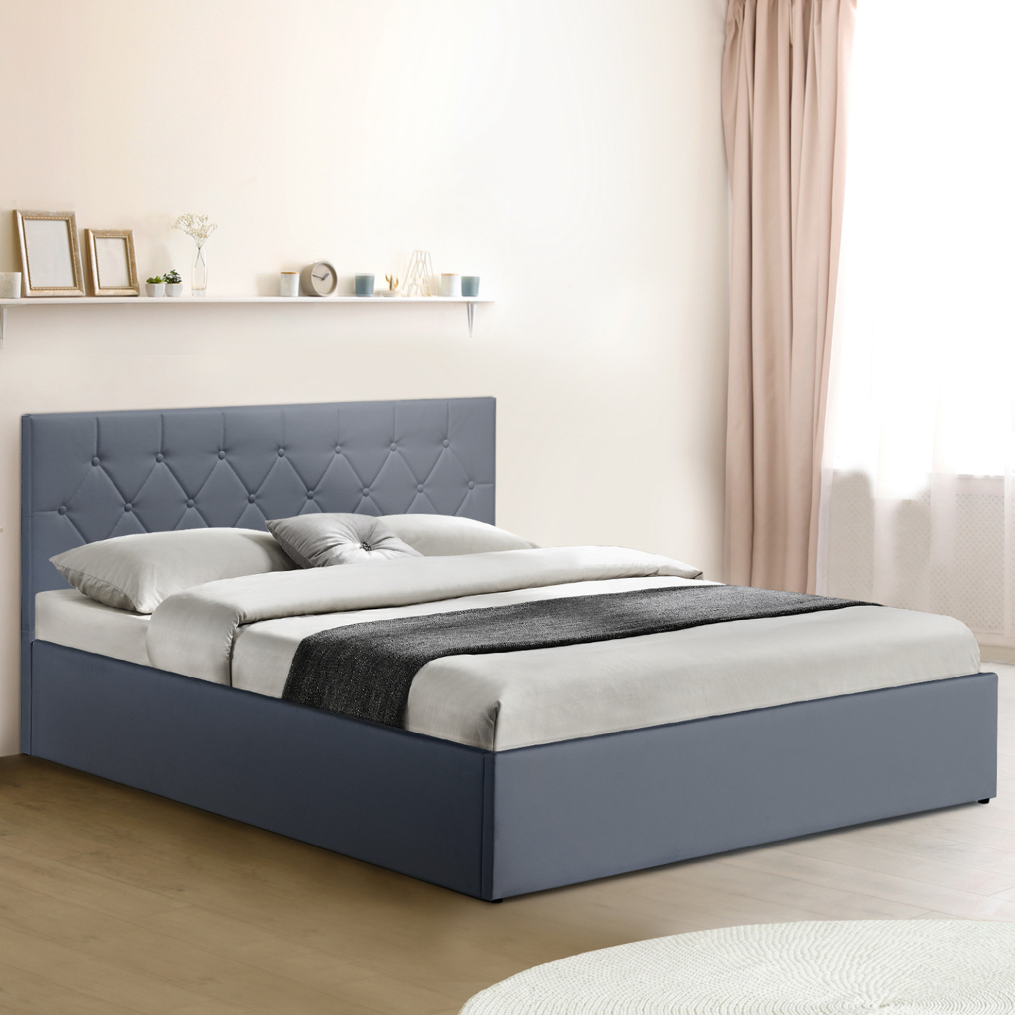 Voir la diapositive 4 : ID MARKET Lit coffre double austin avec tête de lit et sommier 160 x 200 cm pvc gris