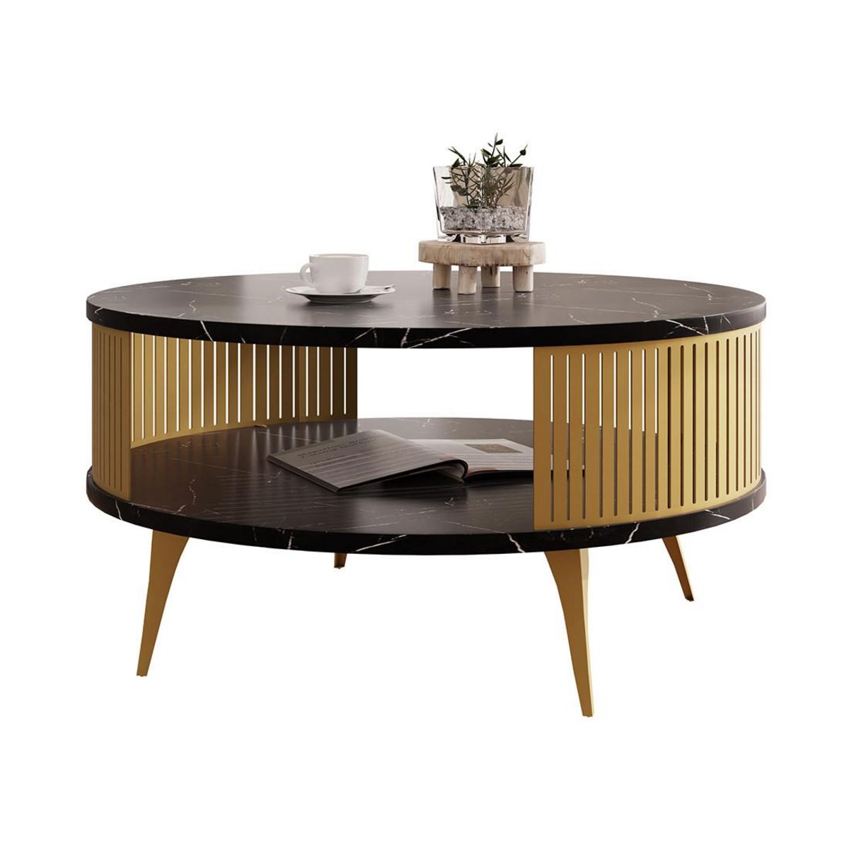 BEST MOBILIER Forini - table basse ronde - effet marbre noir et doré - 75 cm