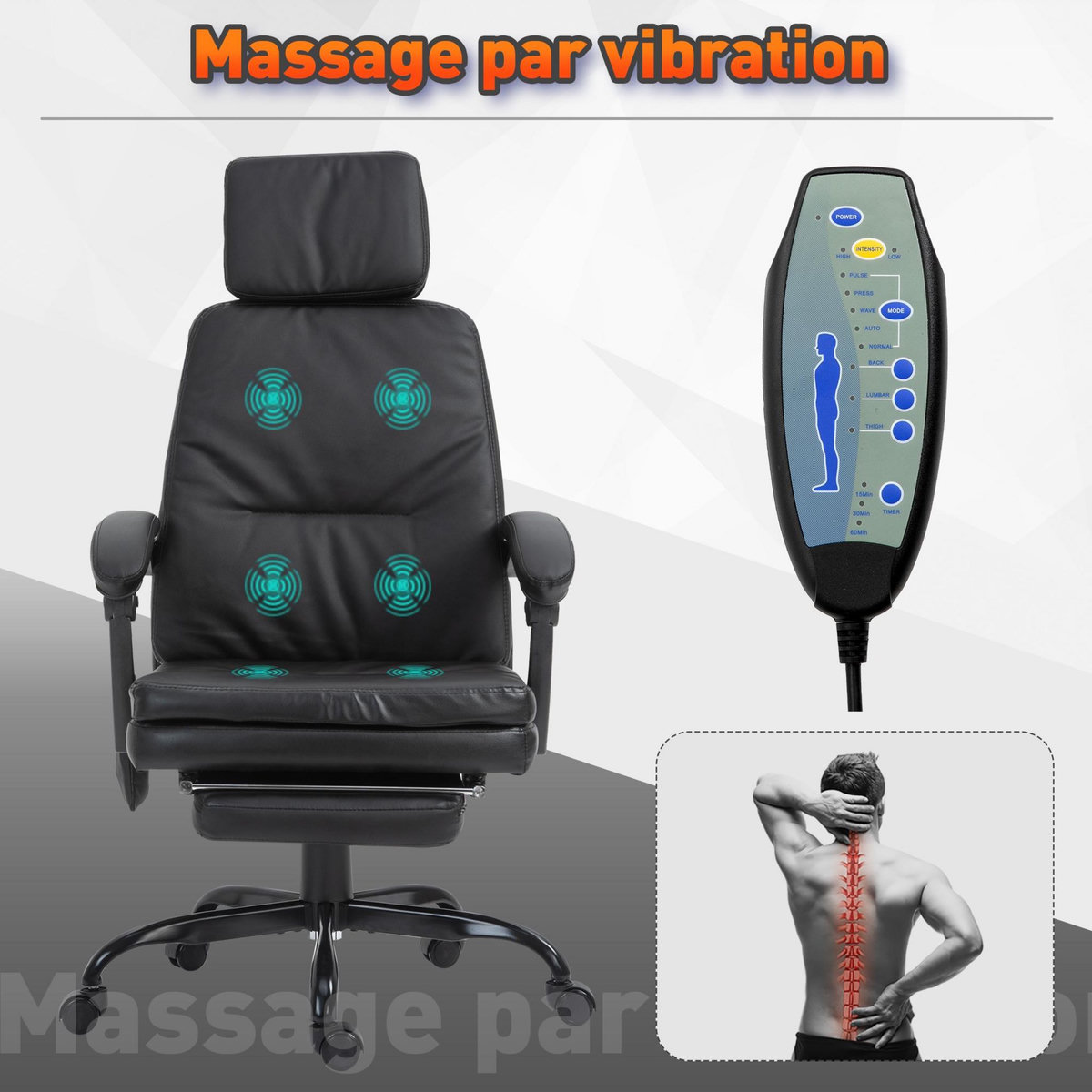 VINSETTO Fauteuil de bureau massant avec repose-pieds amovible - 65,5L x 50l x 120,5-128,5H cm - noir