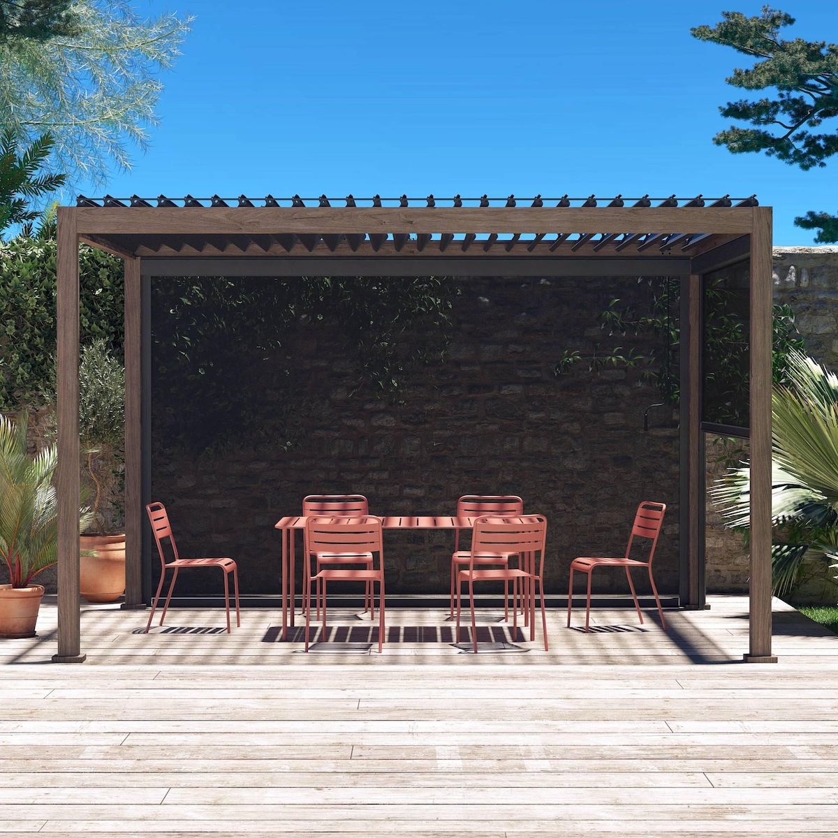 SWEEEK Pergola Bioclimatique gris anthracite 4x3m, aluminium à lames orientables + store 3m + store 4m