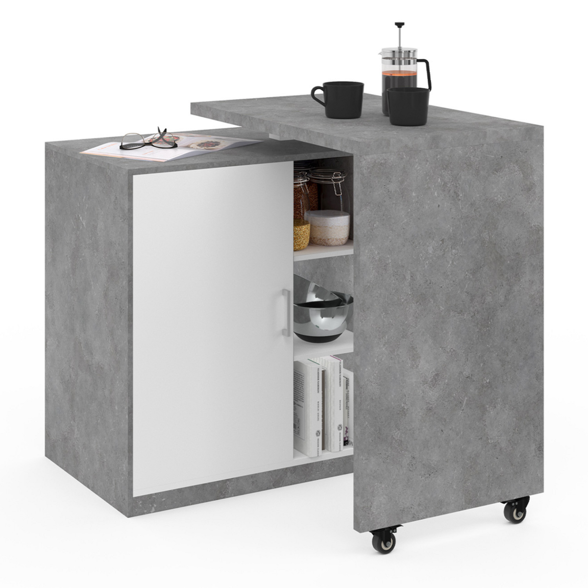 ID MARKET Ilot rotatif POLO meuble de bar pivotant 2 en 1 imitation béton porte blanche