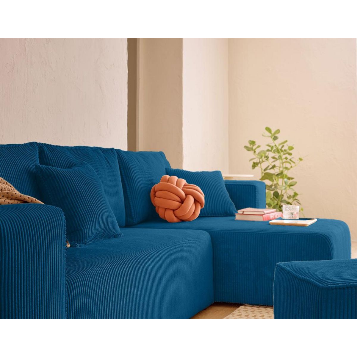 BEST MOBILIER Topaze - canapé d'angle réversible 4 places - convertible avec coffre, tablette et poufs - en velours côtelé