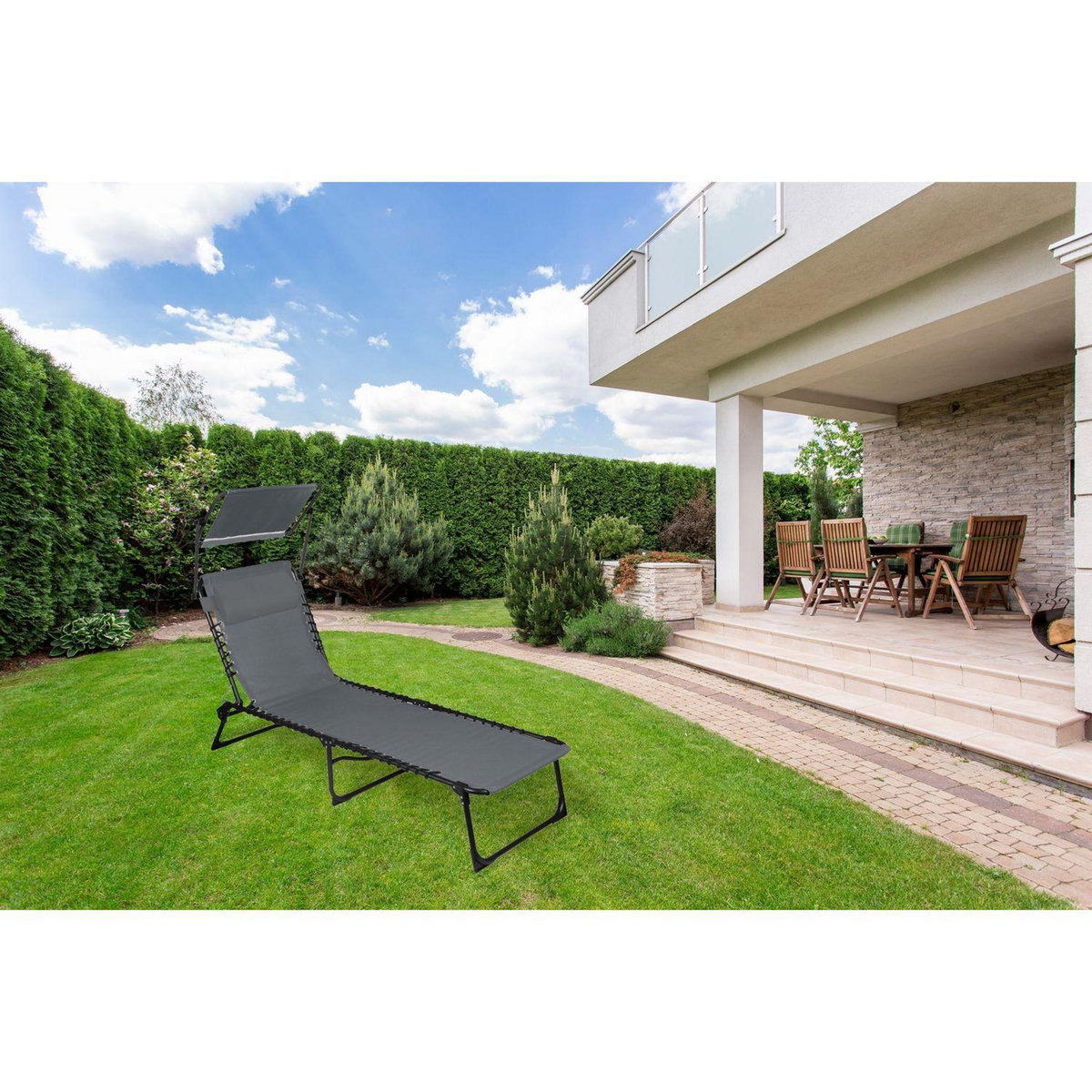 SUNNYDAYS Lot de 2 bains de soleil avec parasol et coussin - Gris anthracite