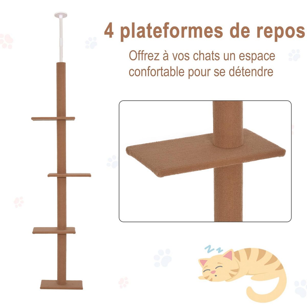 PAWHUT Arbre à chat poteau à griffer hauteur réglable dim. 43L x 27I x 228-260H cm 4 niveaux d'activités marron