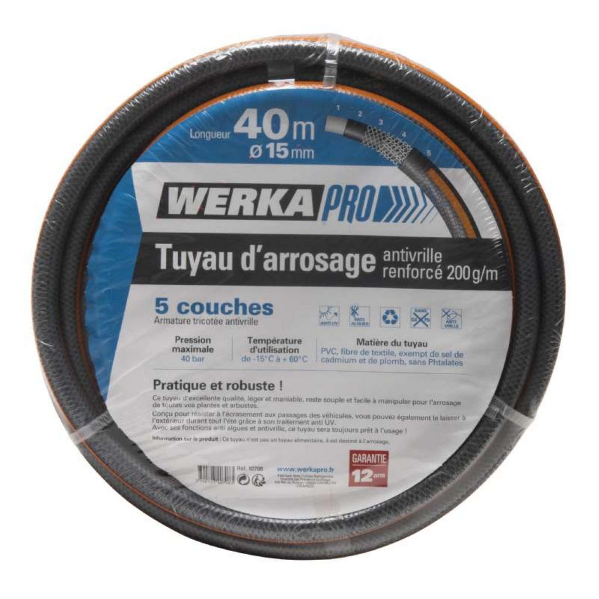  Tuyau d'arrosage 15 mm anti-vrille renforcé 200 g/m Werkapro 40 m