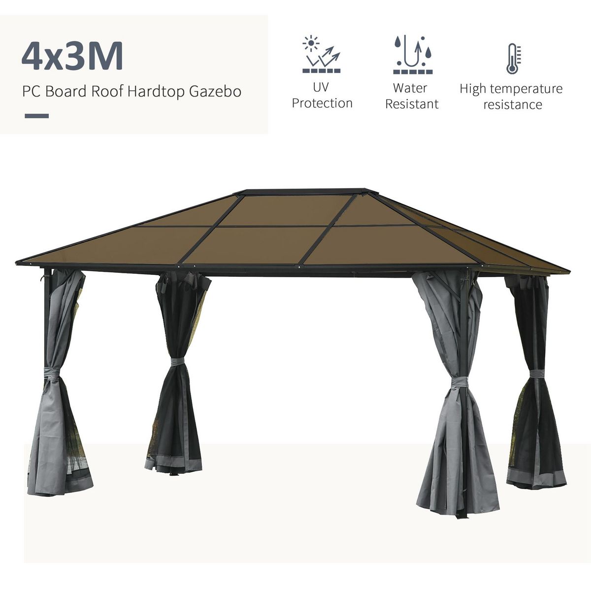 OUTSUNNY Pavillon de jardin tonnelle rigide dim. 4L x 3l x 2,65H m 4 parois latérales anti-UV gris 4 moustiquaires zippées alu. métal polycarbonate noir brun