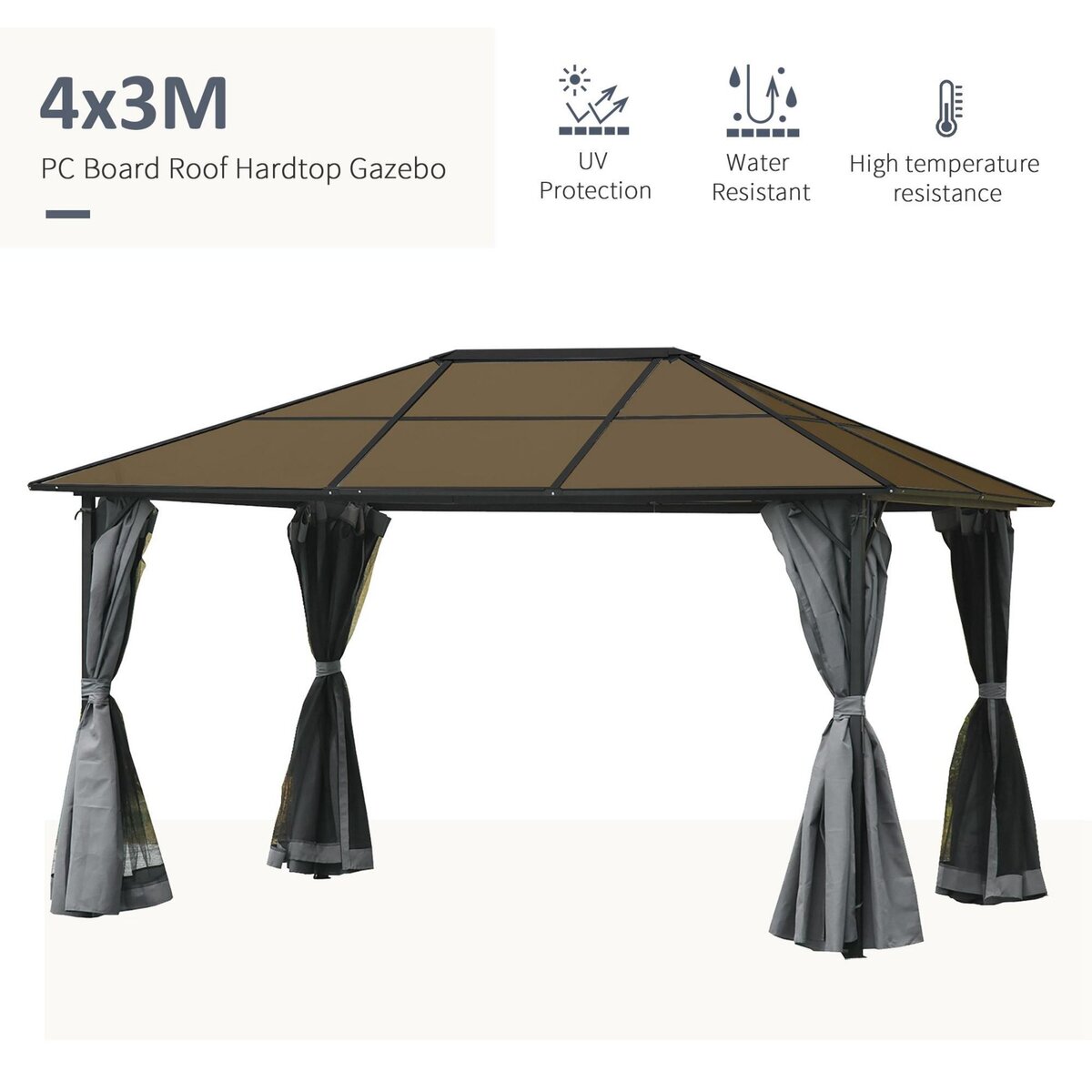 OUTSUNNY Pavillon de jardin tonnelle rigide dim. 4L x 3l x 2,65H m 4 parois latérales anti-UV gris 4 moustiquaires zippées alu. métal polycarbonate noir brun