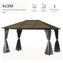 Voir la diapositive 5 : OUTSUNNY Pavillon de jardin tonnelle rigide dim. 4L x 3l x 2,65H m 4 parois latérales anti-UV gris 4 moustiquaires zippées alu. métal polycarbonate noir brun