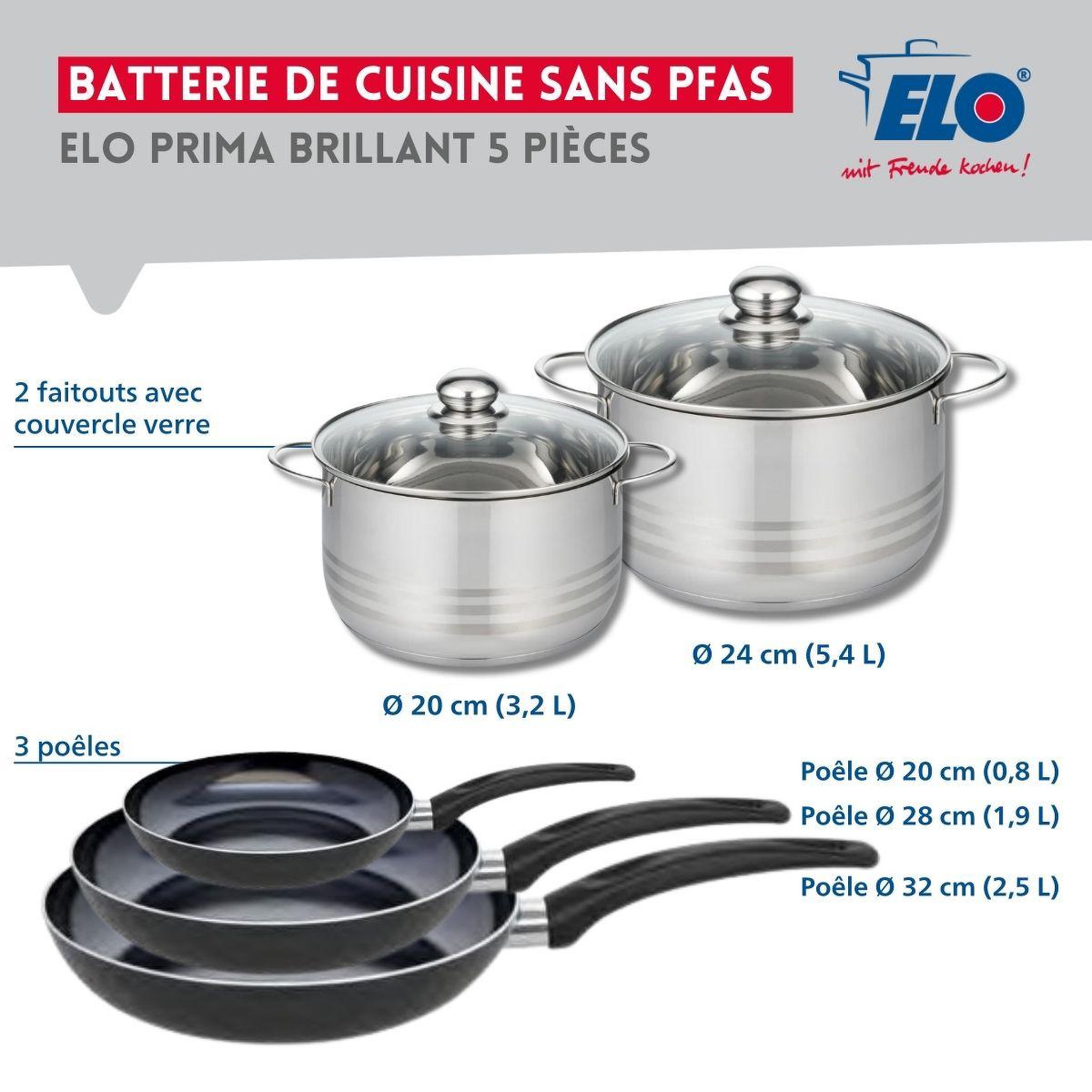 Voir la diapositive 2 : ELO Ensemble de 3 poêles de cuisson 20, 28 et 32 cm et 2 faitouts 20 et 24 cm elo prima brillant