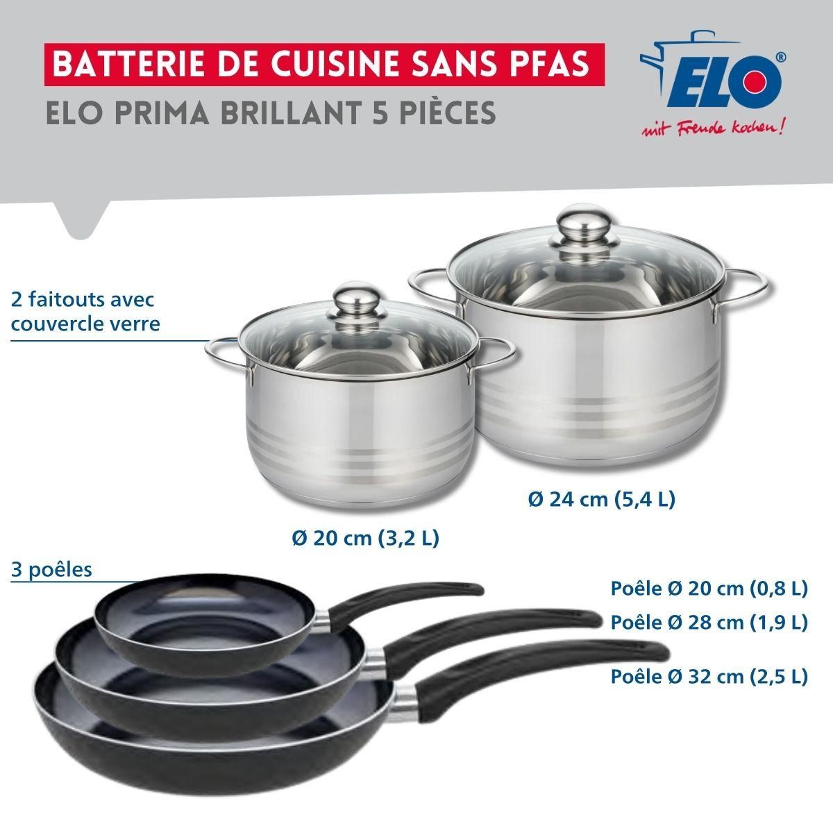 ELO Ensemble de 3 Poêles de cuisson 20, 28 et 32 cm et 2 faitouts 20 et 24 cm Elo Prima Brillant