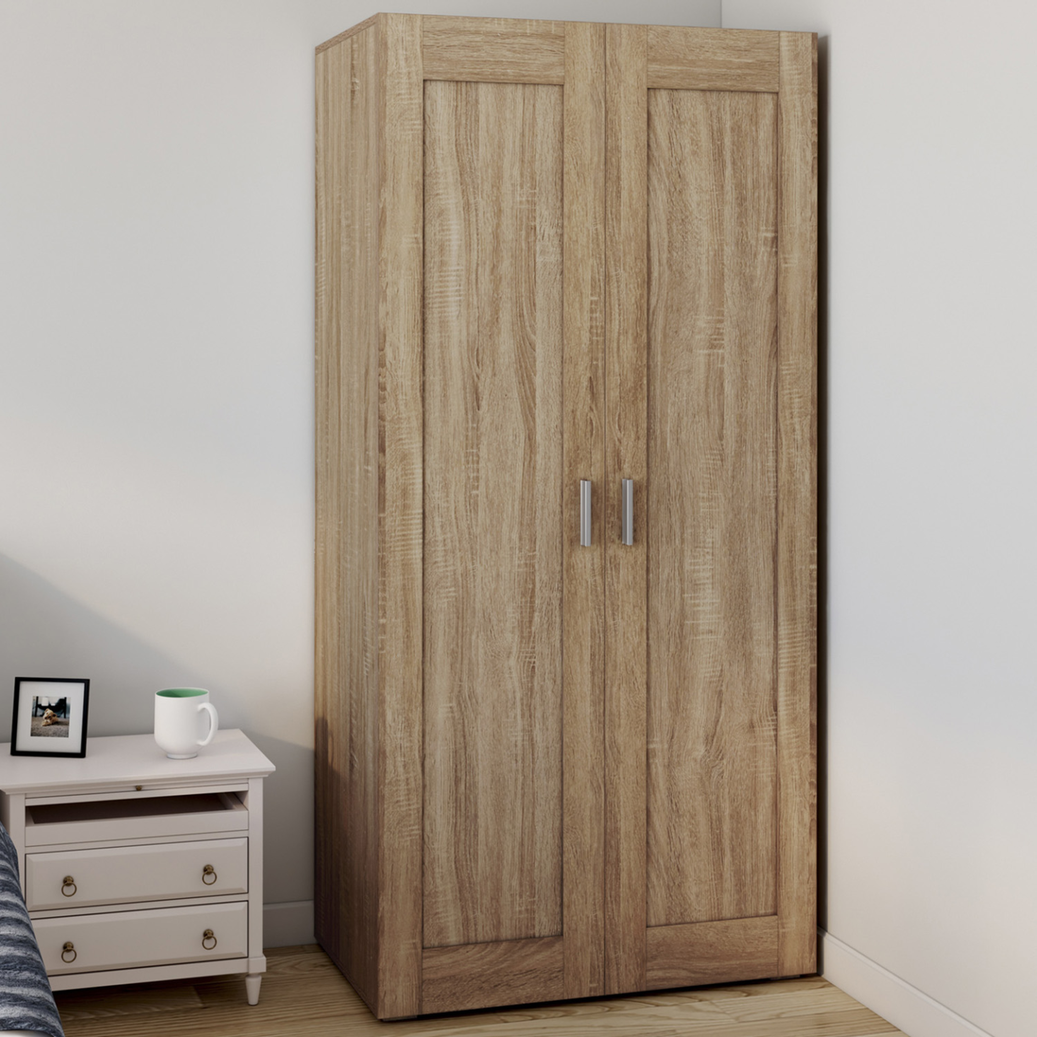 Voir la diapositive 2 : ID MARKET Armoire 2 portes vito hêtre penderie 80 cm avec étagères rangement maxi capacité