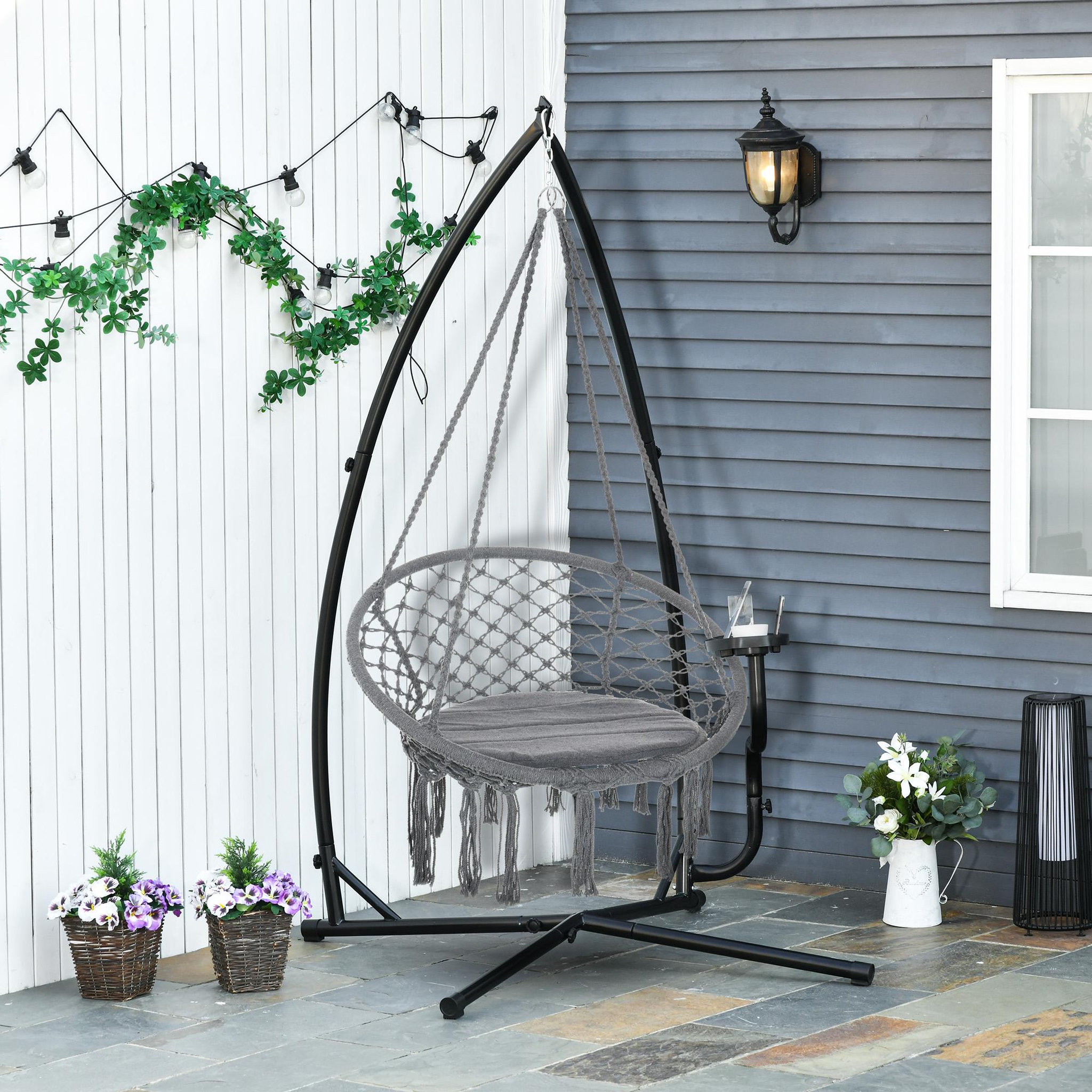 Voir la diapositive 2 : OUTSUNNY Support pour fauteuil suspendu - pied fauteuil suspendu - tablette réglable incluse - charge max. recommandée 120 Kg