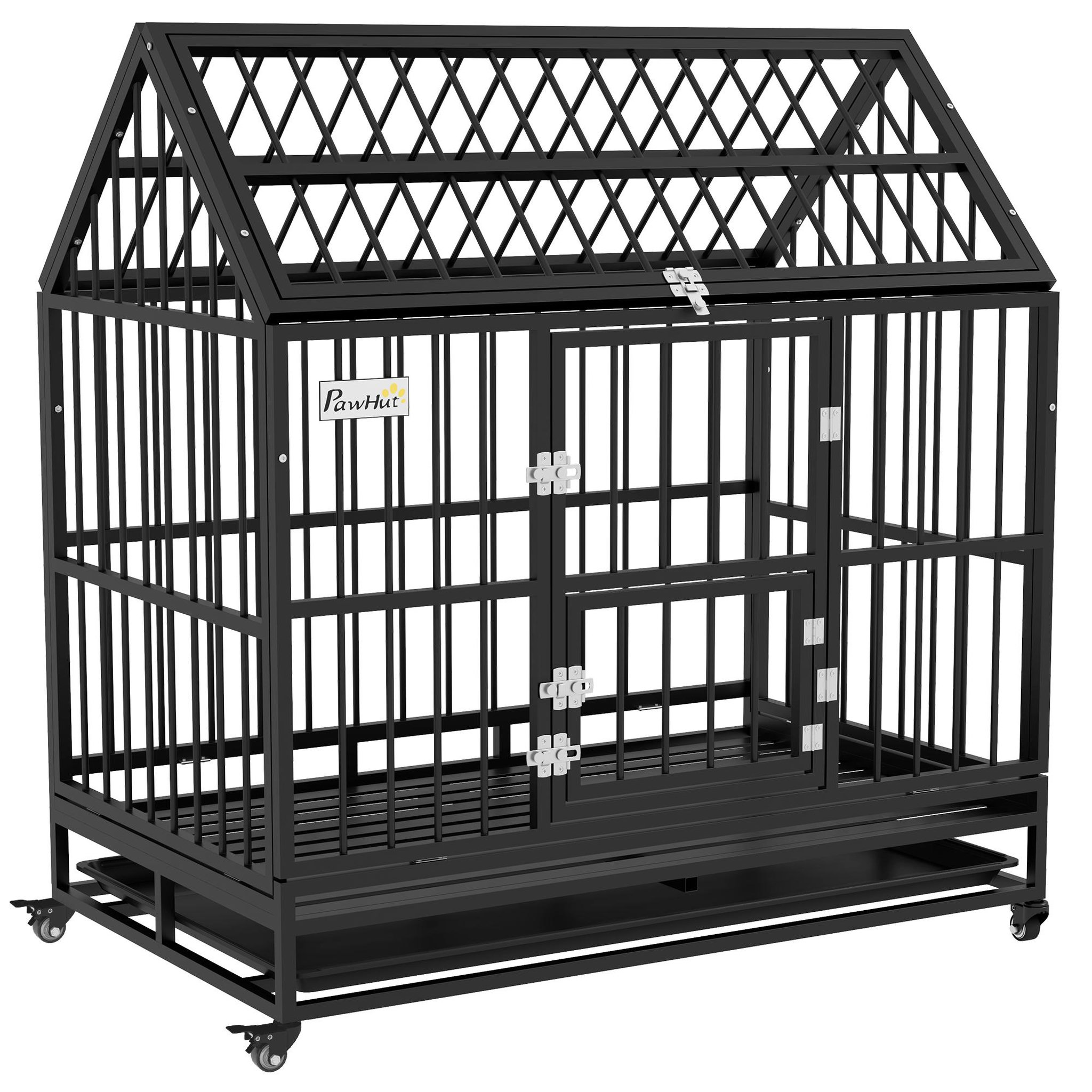 Voir la diapositive 1 : PAWHUT Cage chien grande taille sur roulettes - 2 portes verrouillables, plateau amovible - acier noir
