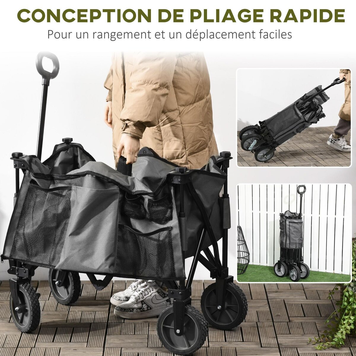 OUTSUNNY Chariot de jardin pliable 4 roues - bâche amovible, poignée télescopique réglable, 5 pochettes rangement - acier polyester gris