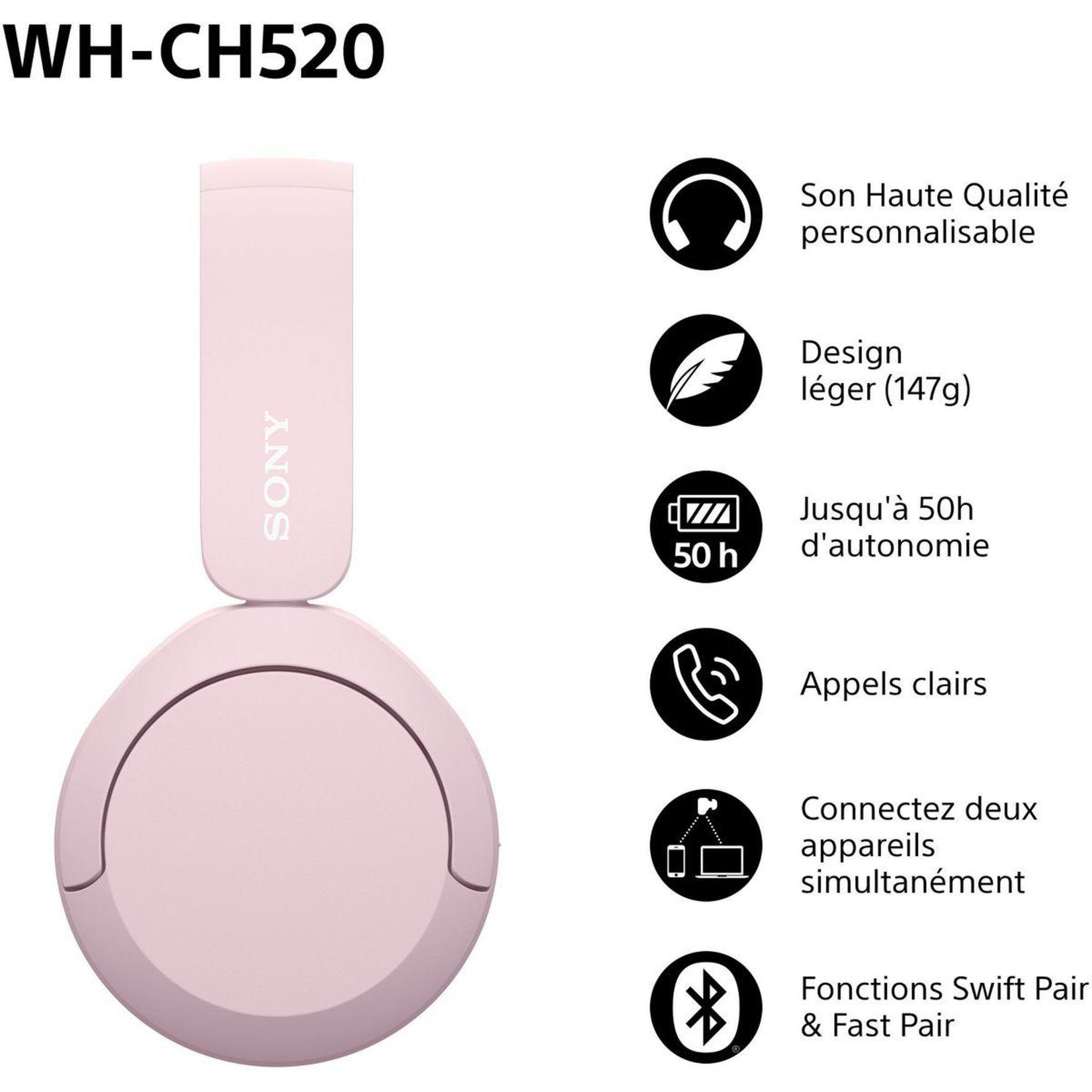 Voir la diapositive 2 : SONY Casque wh-ch520 rose