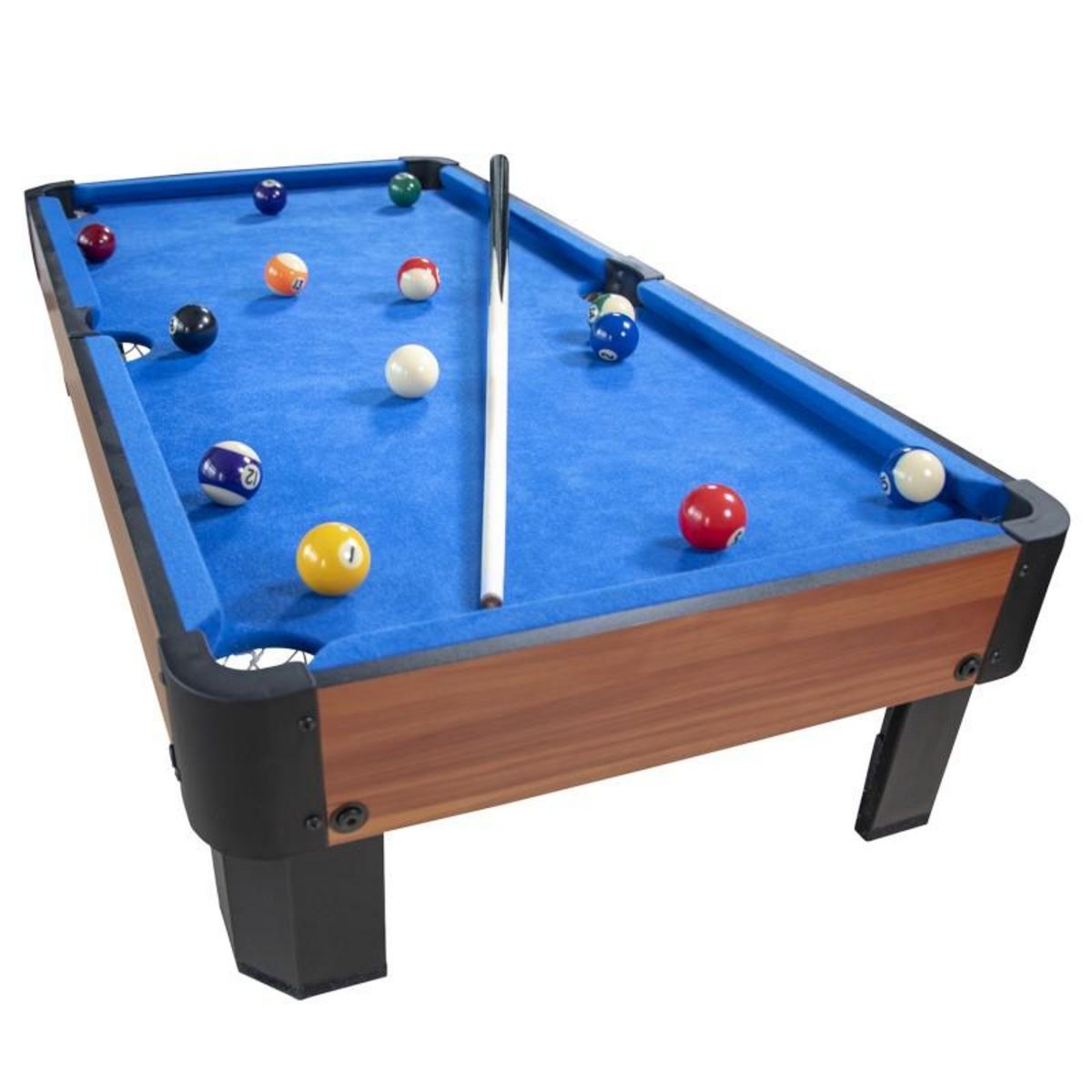 PLAY4FUN Billard de table avec accessoires - Kit Billard Compact de bureau ou salle de jeu, 102 x 51 x 22,5 cm - Marron et Tapis Bleu