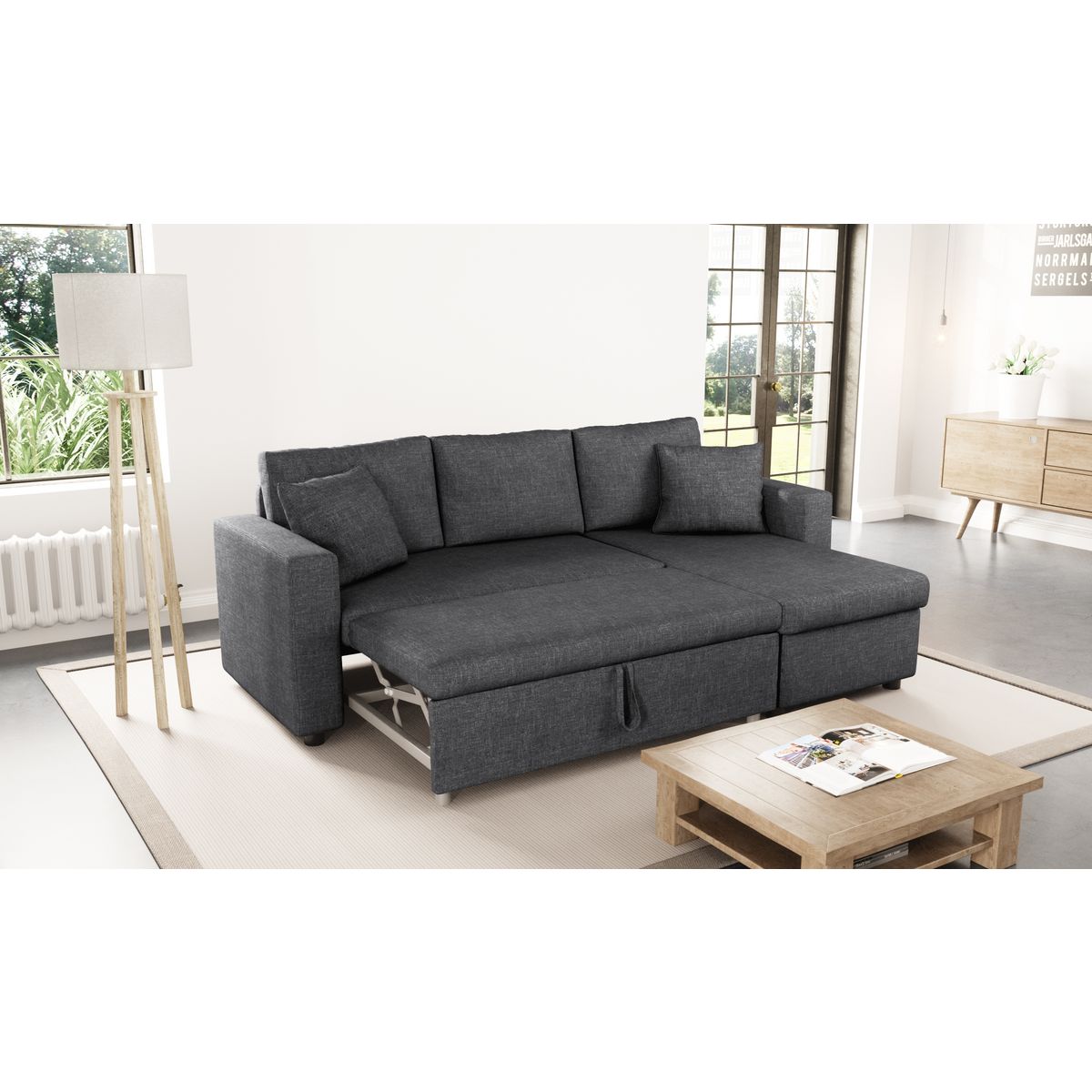 MATHILDE Canapé d'angle 3 places réversible et convertible avec coffre Tissu Gris