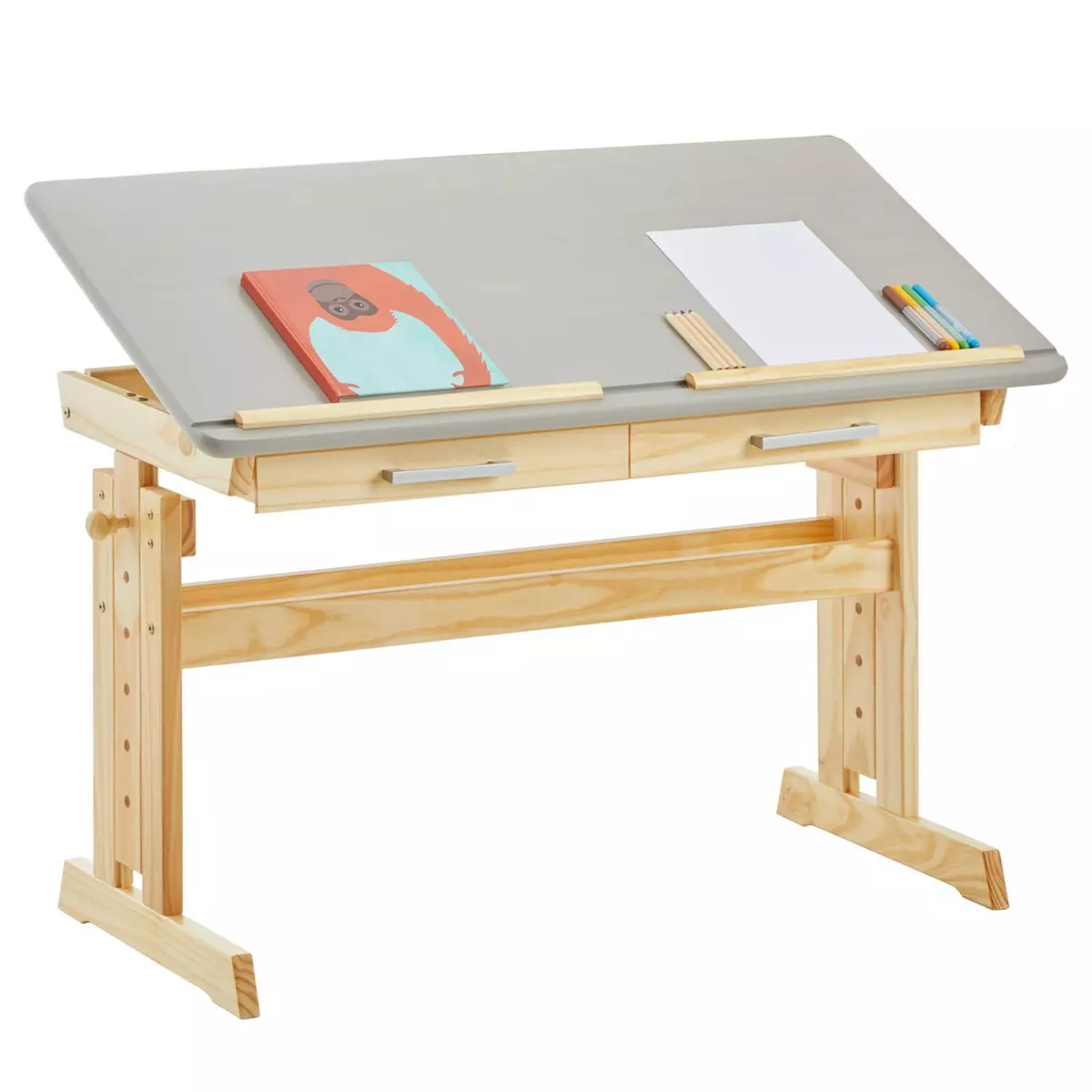 IDIMEX Bureau enfant écolier junior OLIVIA table à dessin réglable en hauteur et pupitre inclinable, 2 tiroirs en pin massif naturel/gris
