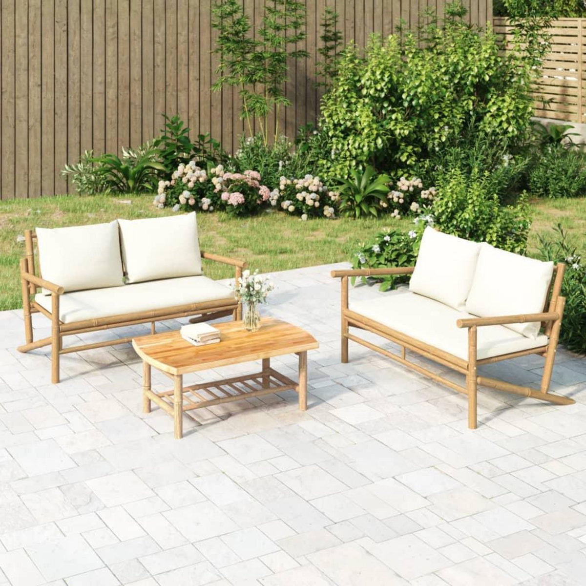 VIDAXL Banc de jardin avec coussins blanc creme bambou