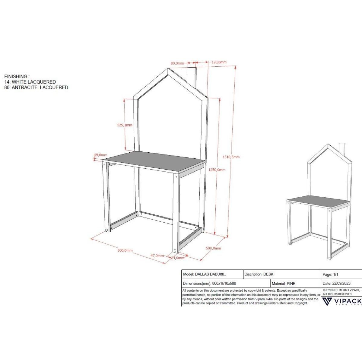 Paris Prix Bureau Enfant en Bois  Dallas  150cm Blanc