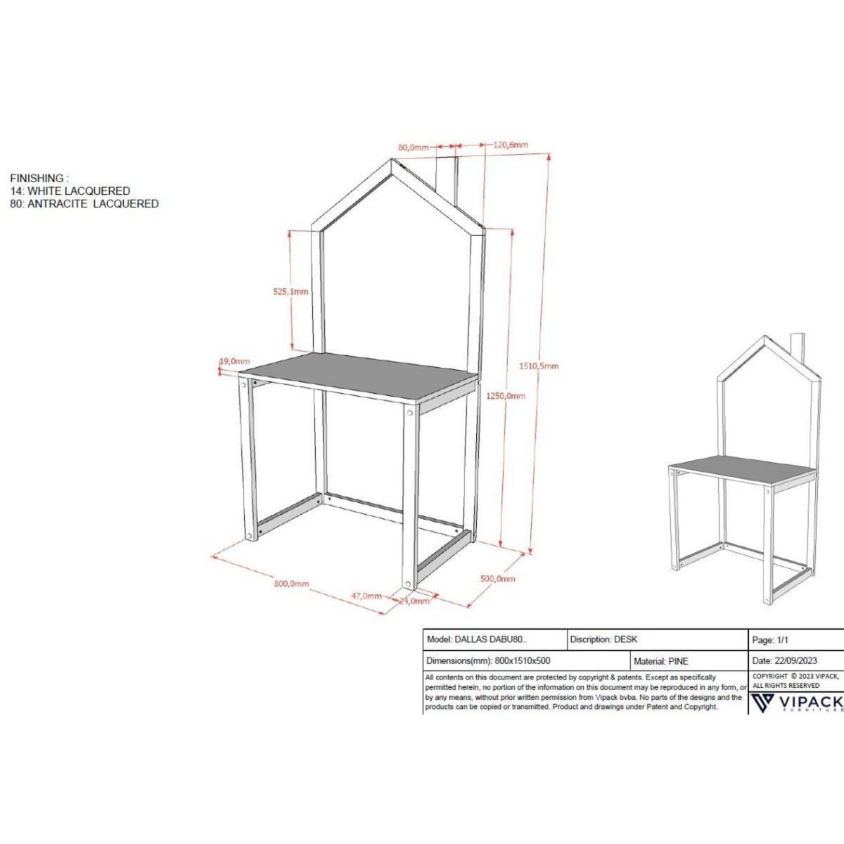 Paris Prix Bureau Enfant en Bois  Dallas  150cm Blanc
