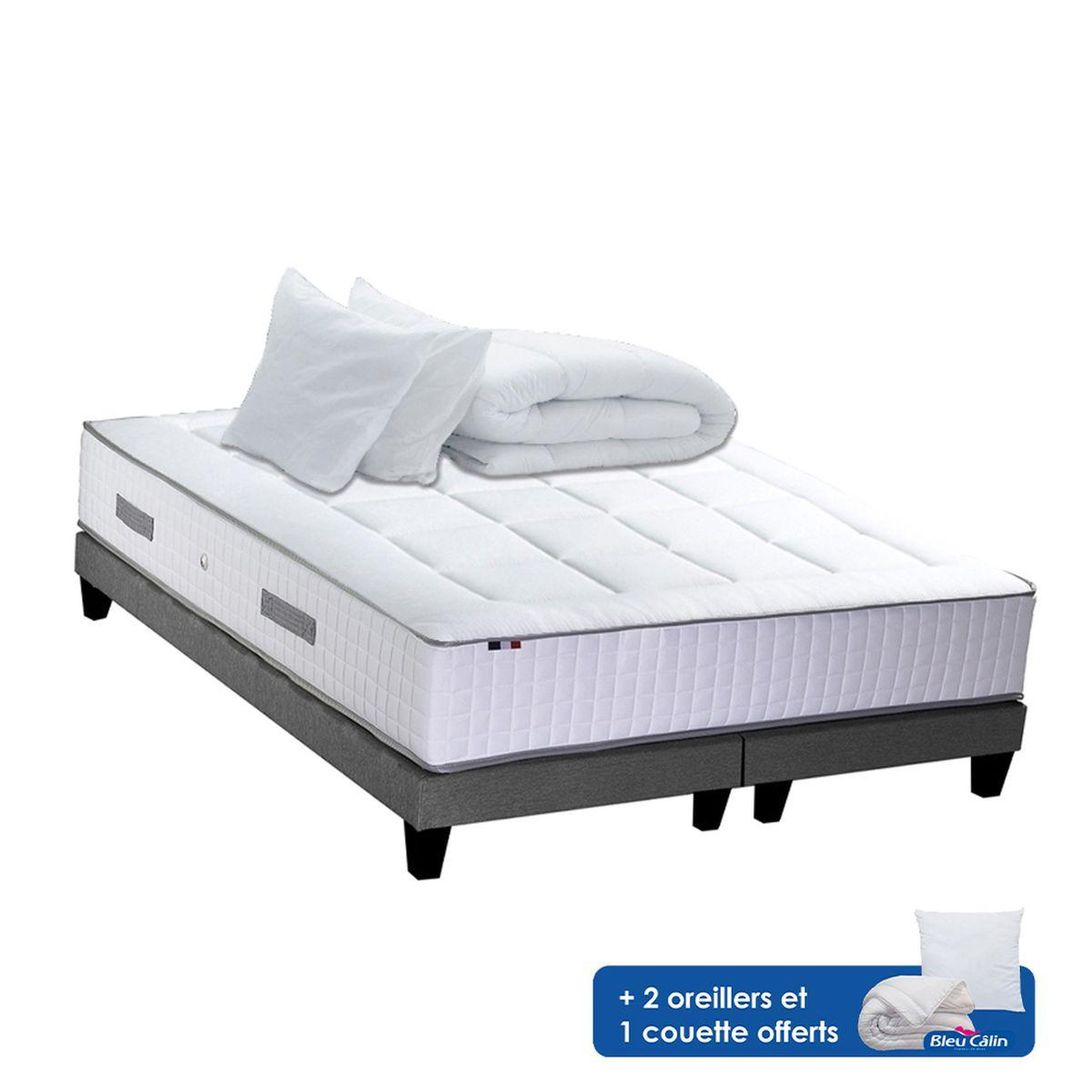 Voir la diapositive 2 : Ensemble Matelas Ressort 30cm 7 zones + sommier 2x90x200 cm + oreillers + couette PALACIO