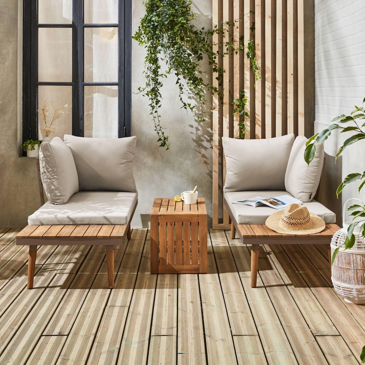 SWEEEK Salon modulable, Sao Paulo,  aluminium et acacia, 4 places 140 x 68 x 65cm