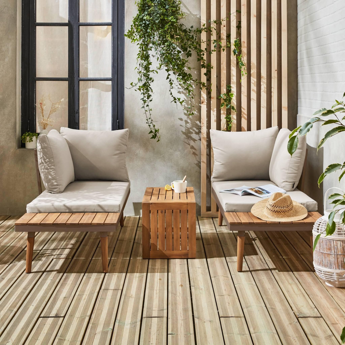 SWEEEK Salon modulable, Sao Paulo,  aluminium et acacia, 4 places 140 x 68 x 65cm