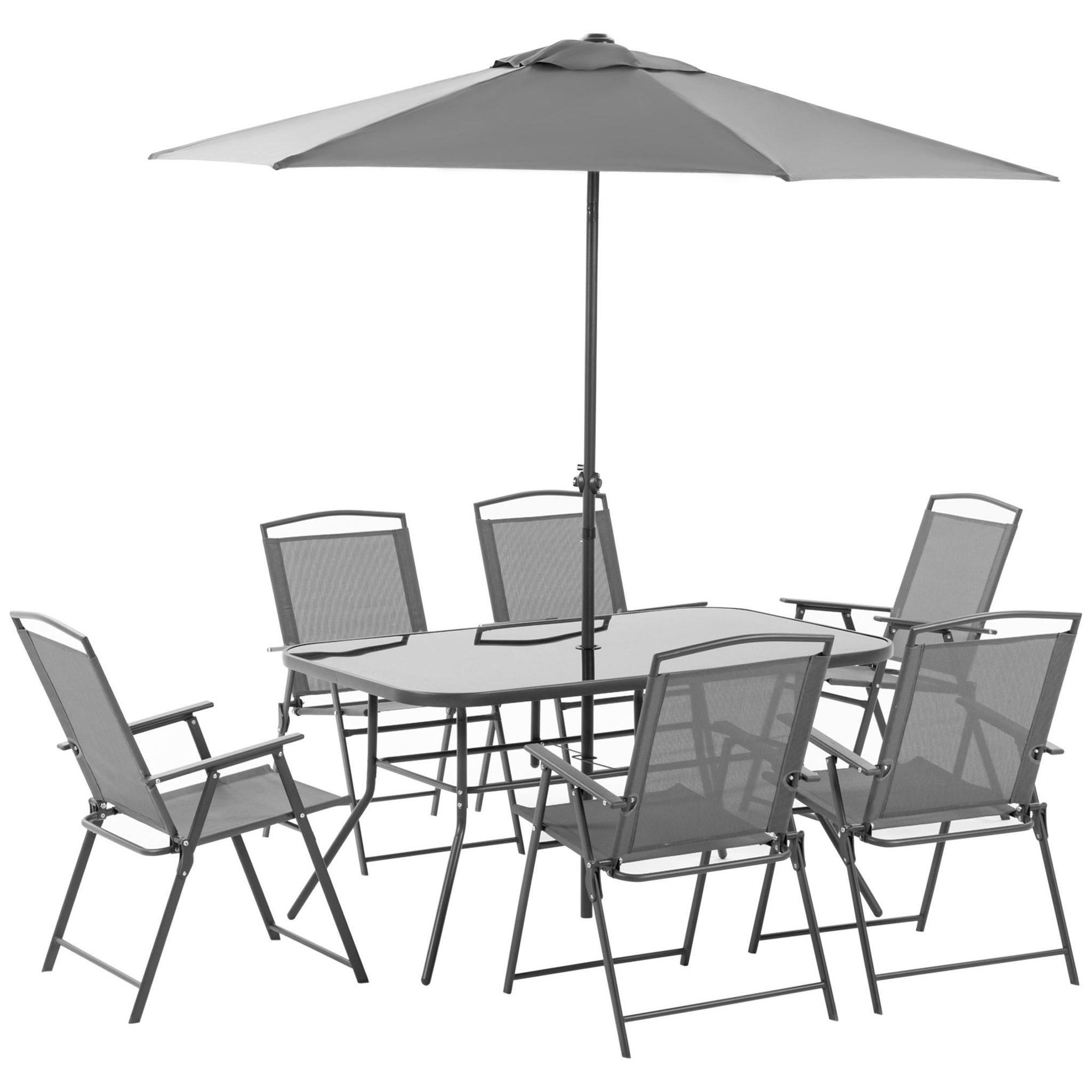 Voir la diapositive 1 : OUTSUNNY Ensemble salon de jardin 6 places 8 pièces - parasol, table, 6 chaises pliantes - métal époxy textilène polyester gris