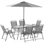 Voir la diapositive 1 : OUTSUNNY Ensemble salon de jardin 6 places 8 pièces - parasol, table, 6 chaises pliantes - métal époxy textilène polyester gris