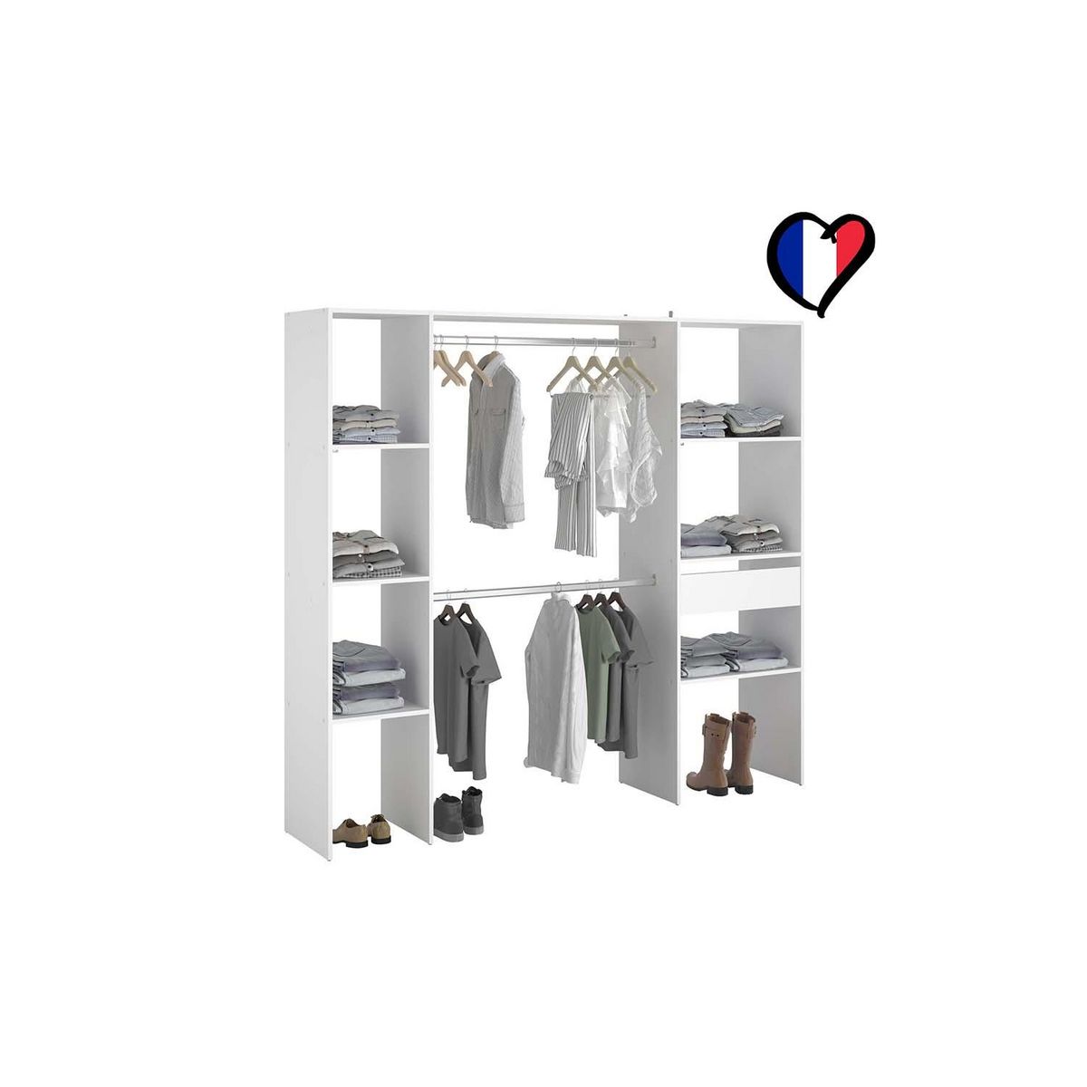 CONCEPT USINE Dressing blanc 6 étagères, 1 tiroir, 2 penderies 198 x 40 x 180 cm ELYSEE