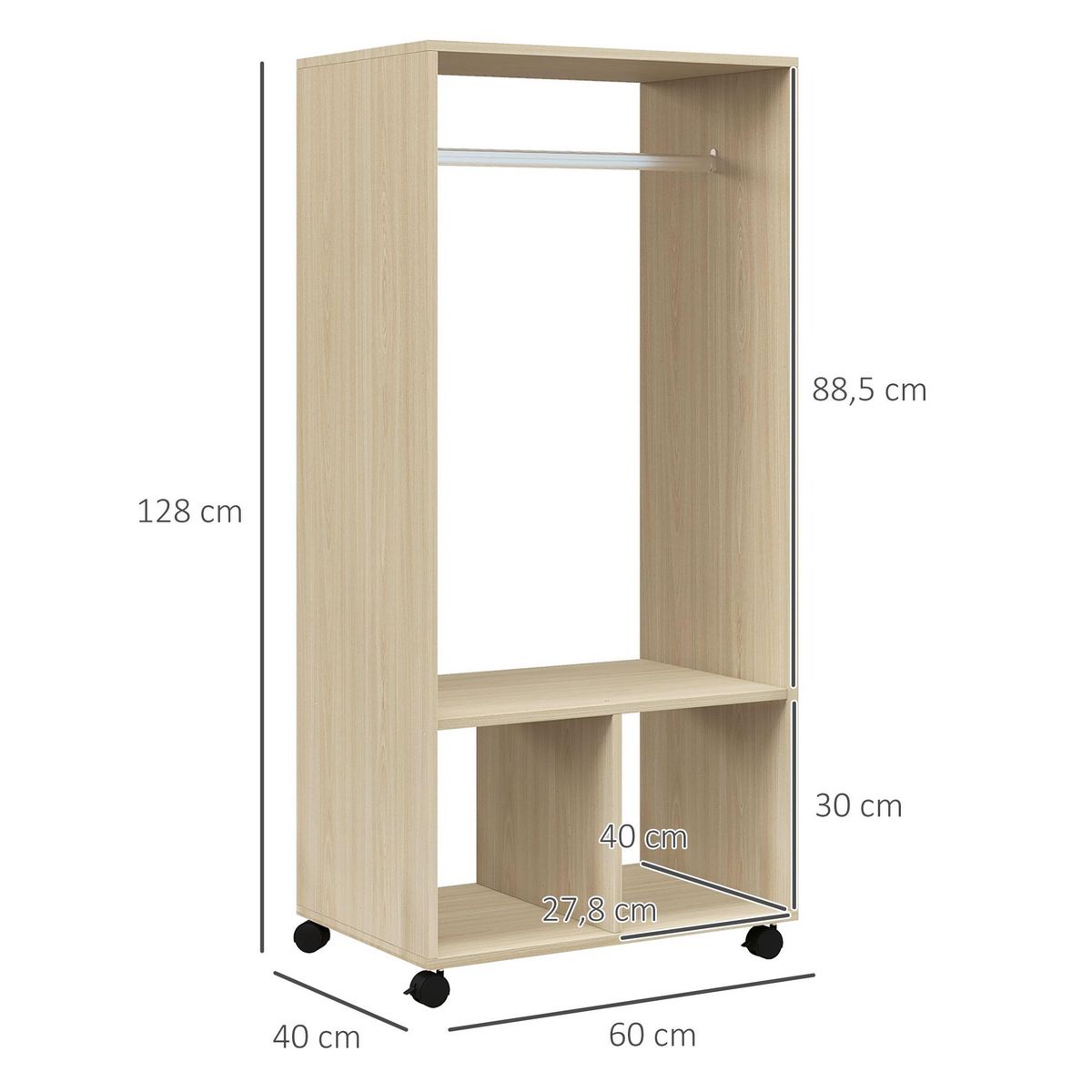 HOMCOM Armoire penderie étagère 2 niches penderie 4 roulettes pivotantes dim. 60L x 40l x 128H cm coloris chêne clair