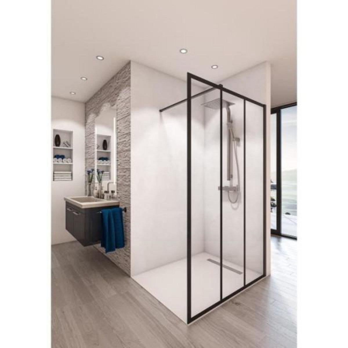 AURYS Paroi de douche en kit Saint-Gobain BALEARES ATELIER N°8 - Verre Timeless 8 mm trempé - L.100 cm x H.198 cm - Profilé Noir