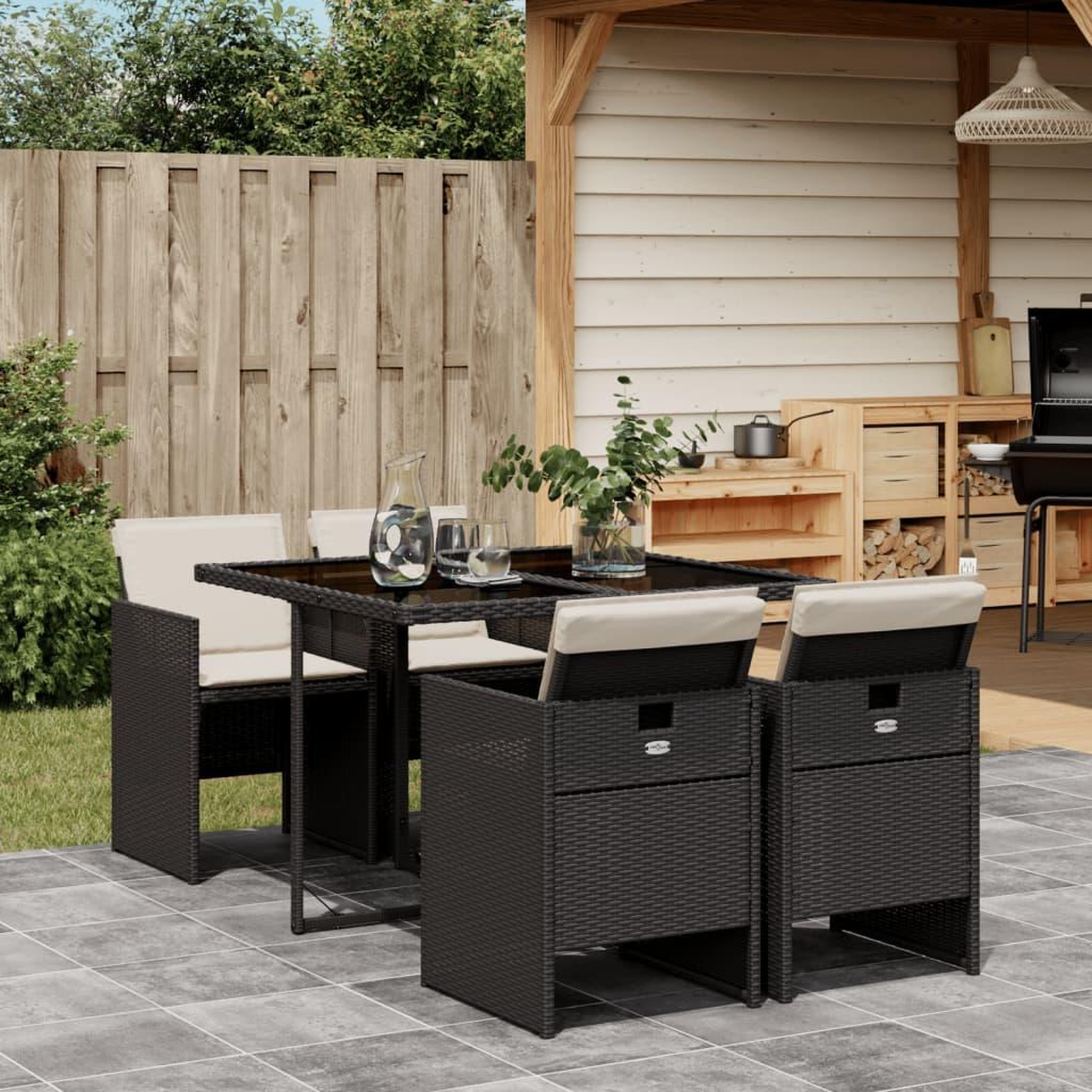 VIDAXL Ensemble a manger de jardin coussins 5pcs Noir Resine tressee