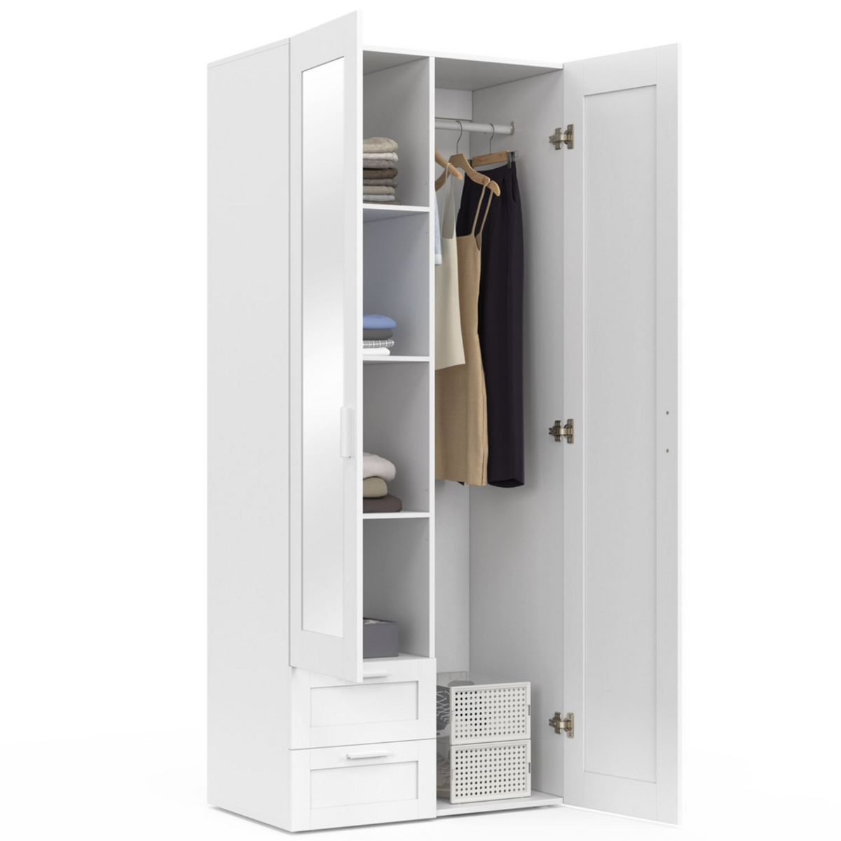 ID MARKET Armoire 2 portes VITO blanc penderie 80 cm avec 2 tiroirs, miroir et étagères