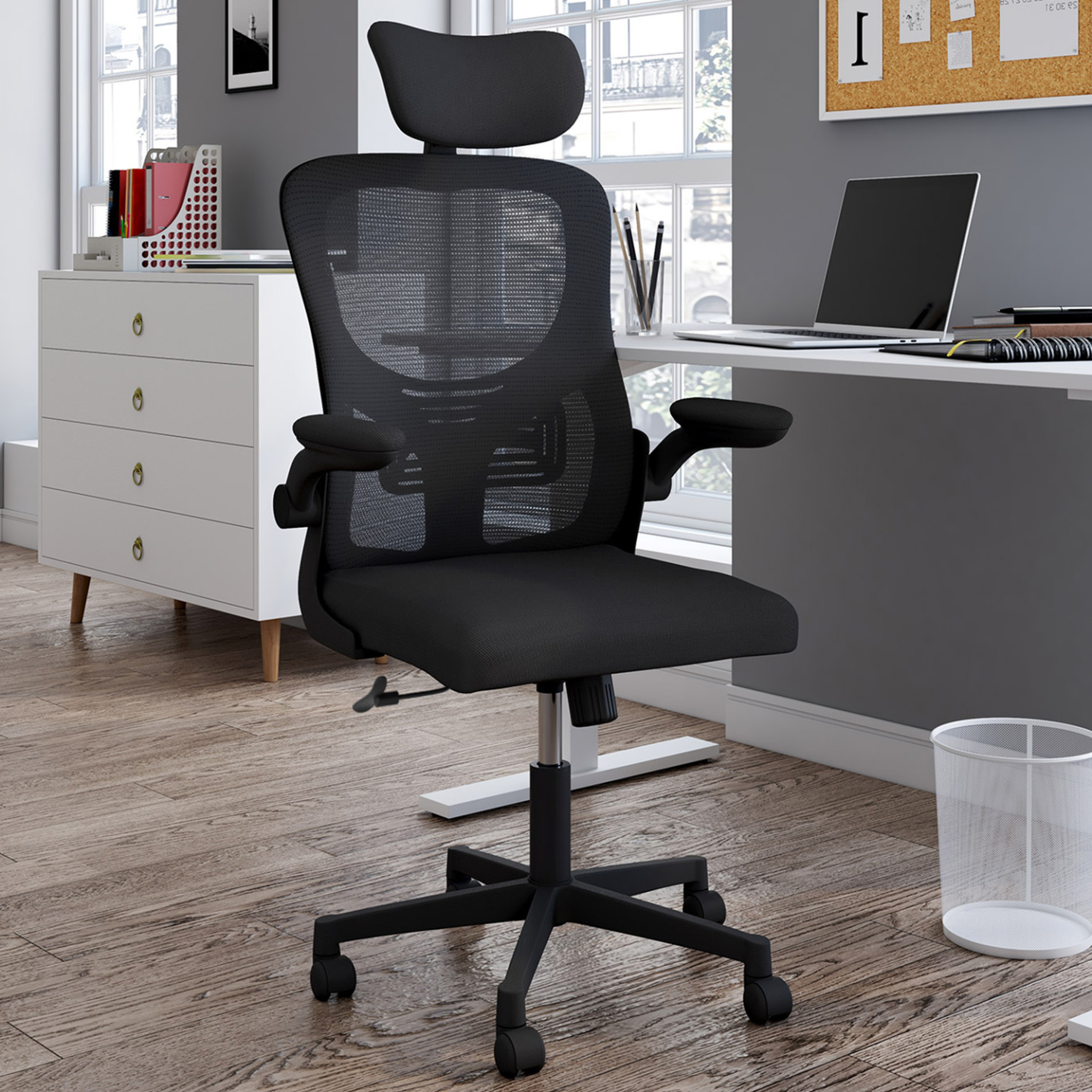 Voir la diapositive 2 : ID MARKET Fauteuil de bureau JAMES ergonomique en toile respirante et appui-tête avec roulettes noir