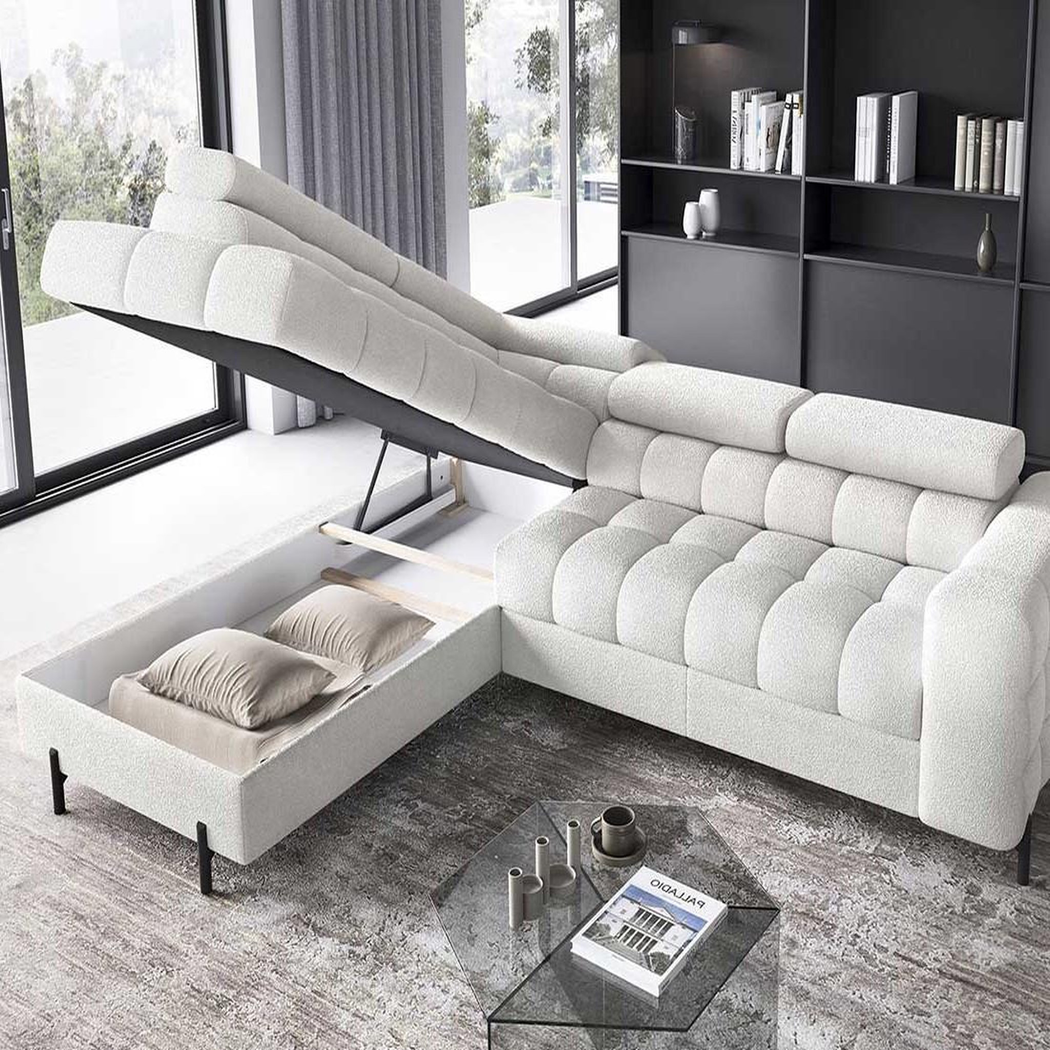 Voir la diapositive 3 : BEST MOBILIER Elisa - canapé d'angle gauche 5 places convertible avec coffre et têtières réglables en tissu bouclette