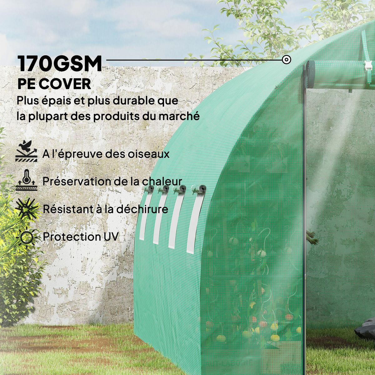 OUTSUNNY Serre de jardin 12 m² - porte zippée enroulable, 8 fenêtres - acier galvanisé PE haute densité 170 g/m² vert