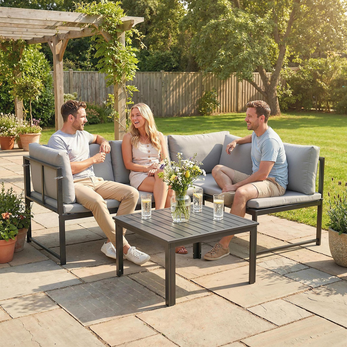 OUTSUNNY Salon de jardin d'angle design 3 places 3 pièces avec coussins gris
