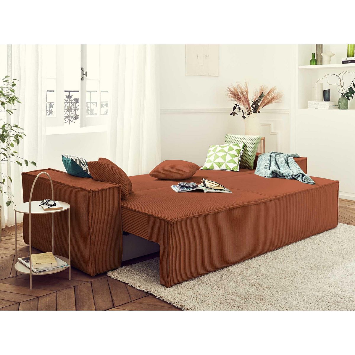 BEST MOBILIER Dellia - canapé 3 places convertible - avec coffre - en velours côtelé - style contemporain