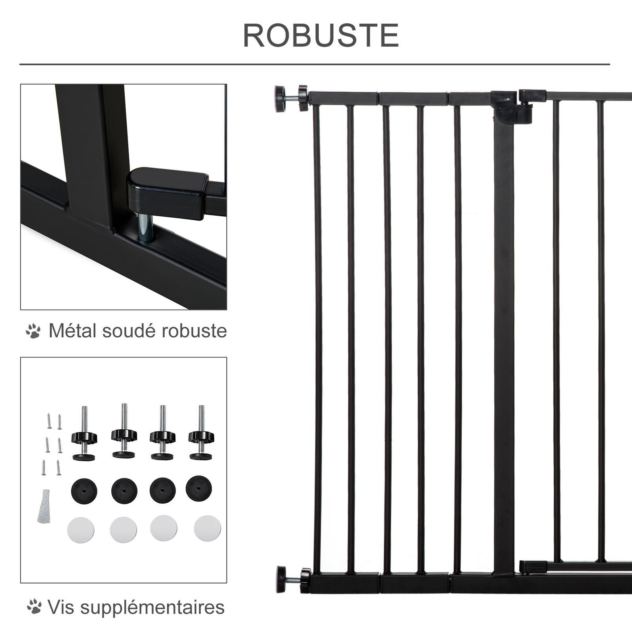 Voir la diapositive 5 : PAWHUT Barrière de sécurité longueur réglable dim. 76-107l x 76h cm sans perçage métal plastique noir
