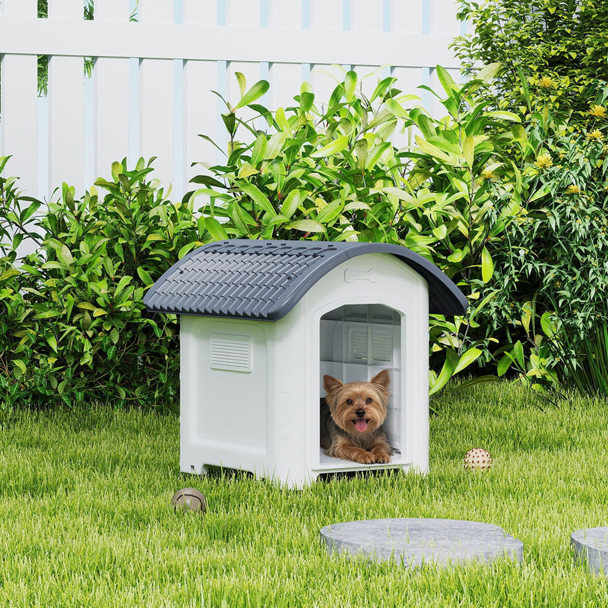 PAWHUT Niche chien plastique design bicolore gris blanc toit cintré 71 x 60 x 63 cm