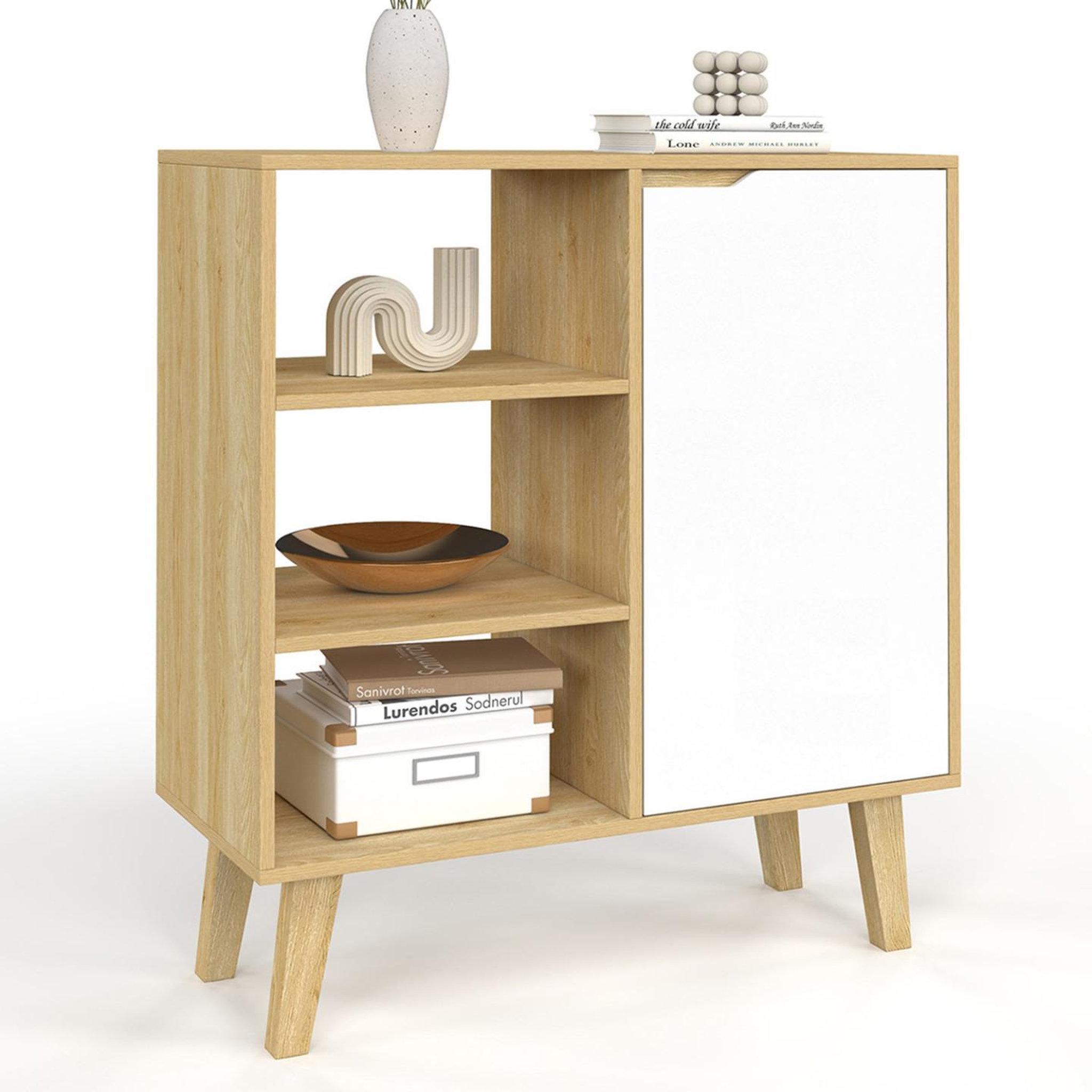 ID MARKET Buffet d'appoint 3 étagères et placard 70 cm finn blanc et bois façon hêtre