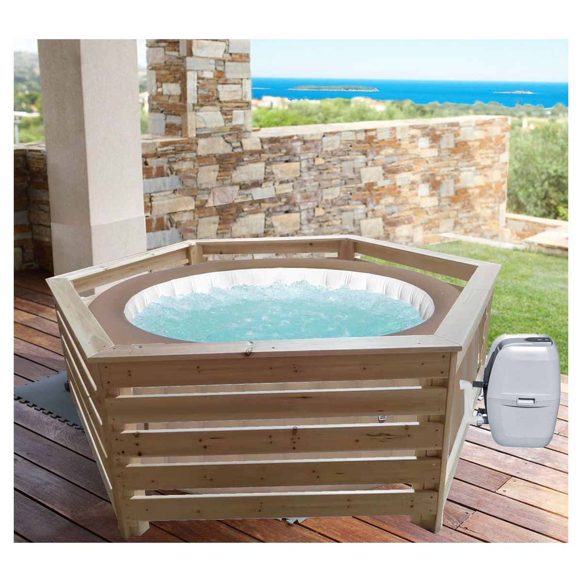 Habrita Habillage bois hexagonal pour spas et piscines gonflables - 2,35xl1,84x0,71m
