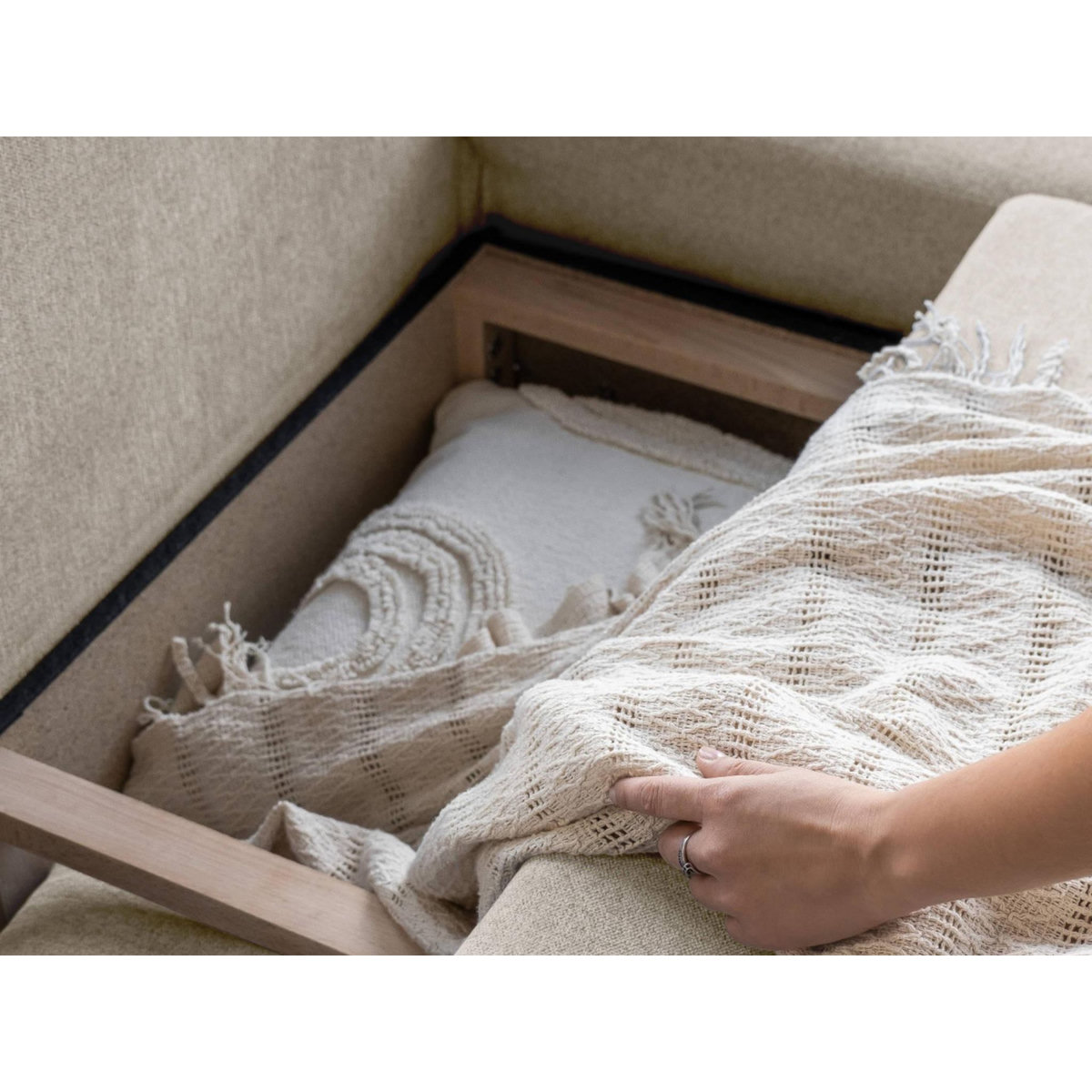 BEST MOBILIER Lagom - canapé d'angle panoramique - convertible - avec coffre - en tissu - 7 places - droit